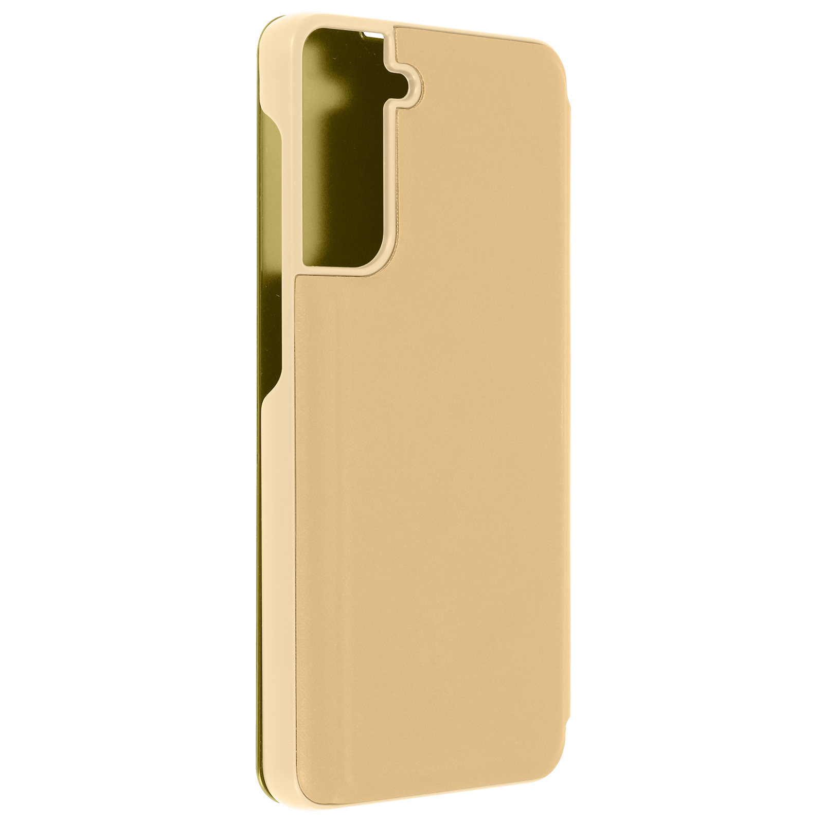 Tan telefoonhoesje. Eén kant heeft een camera-opening. Witte achtergrond.