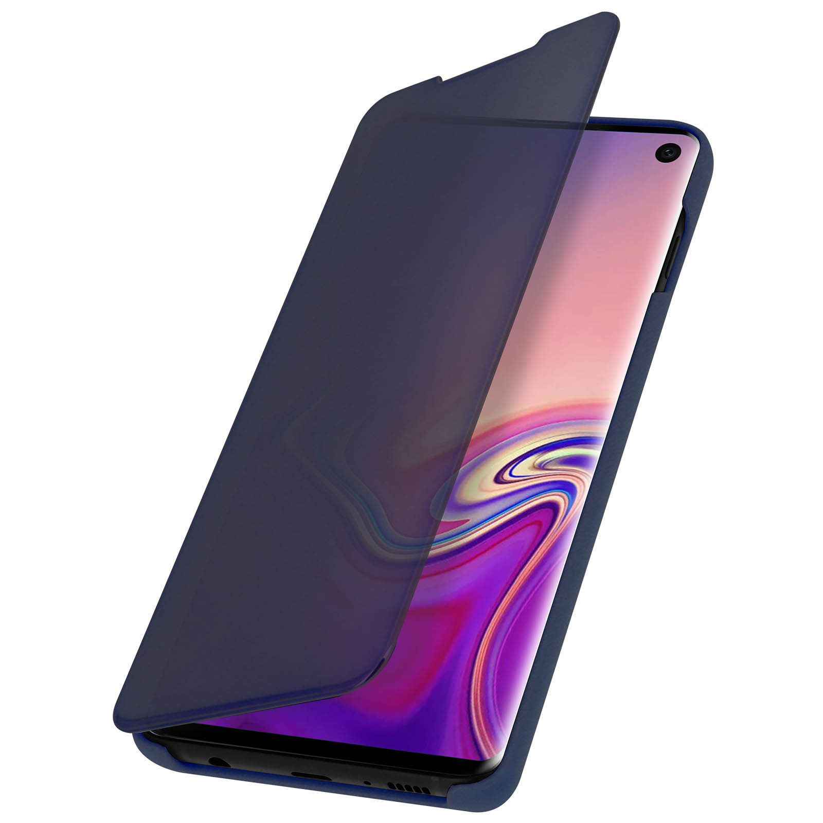 Custodia blu con coperchio a ribalta aperto, che mostra un telefono con schermo rosa e viola.