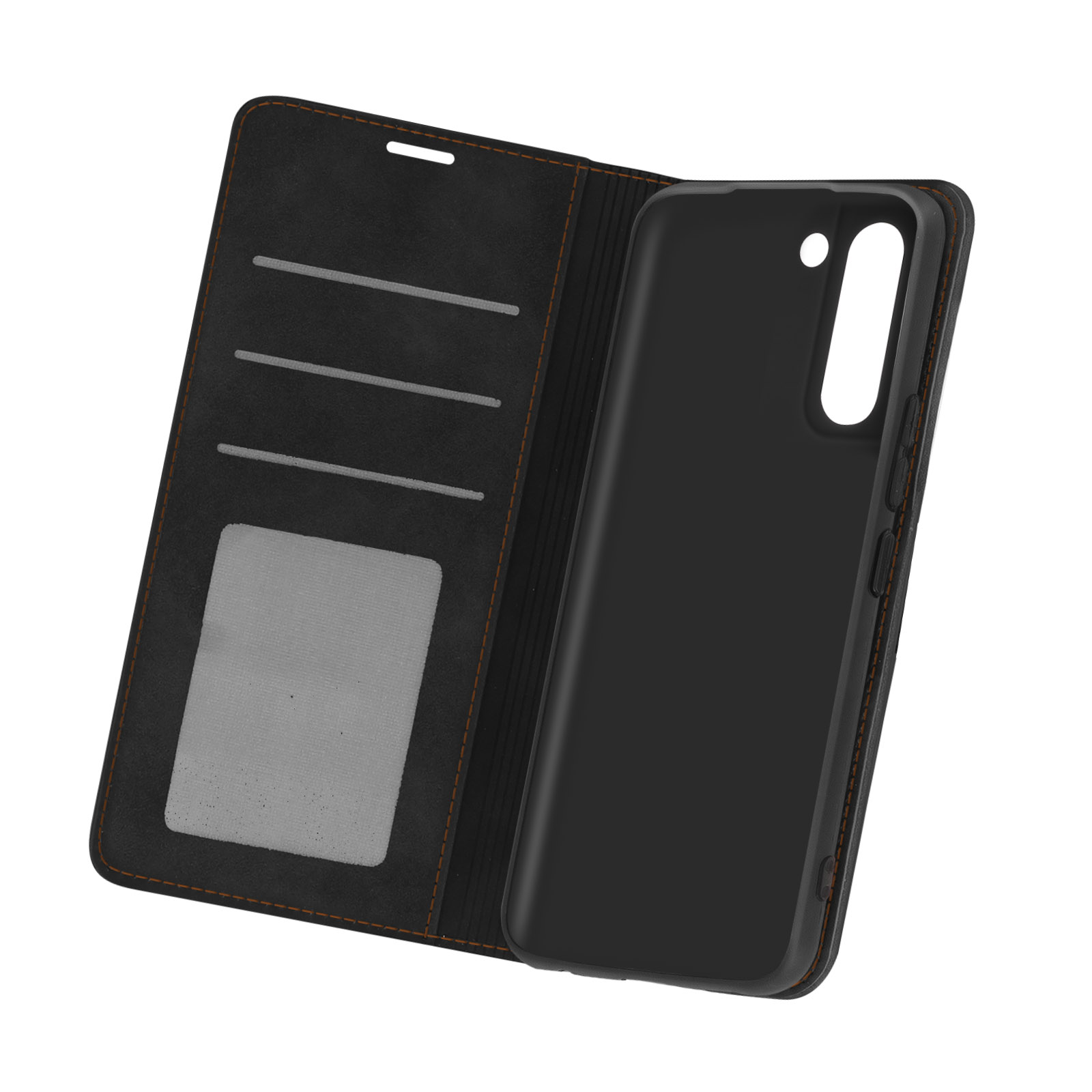 Custodia per telefono nera, aperta, con fessure per carte e finestra trasparente per ID.