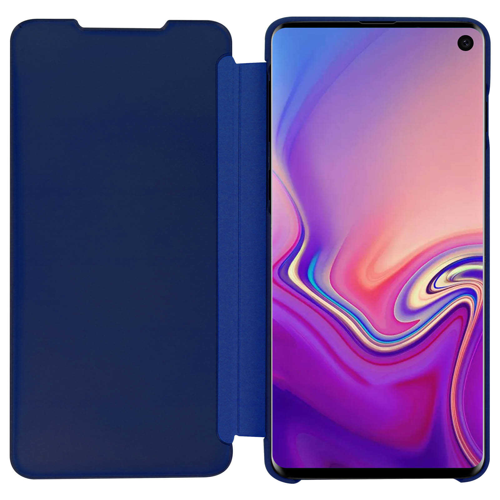 Una custodia per telefono blu aperta, che rivela lo schermo di un telefono. Lo sfondo è un muro bianco.