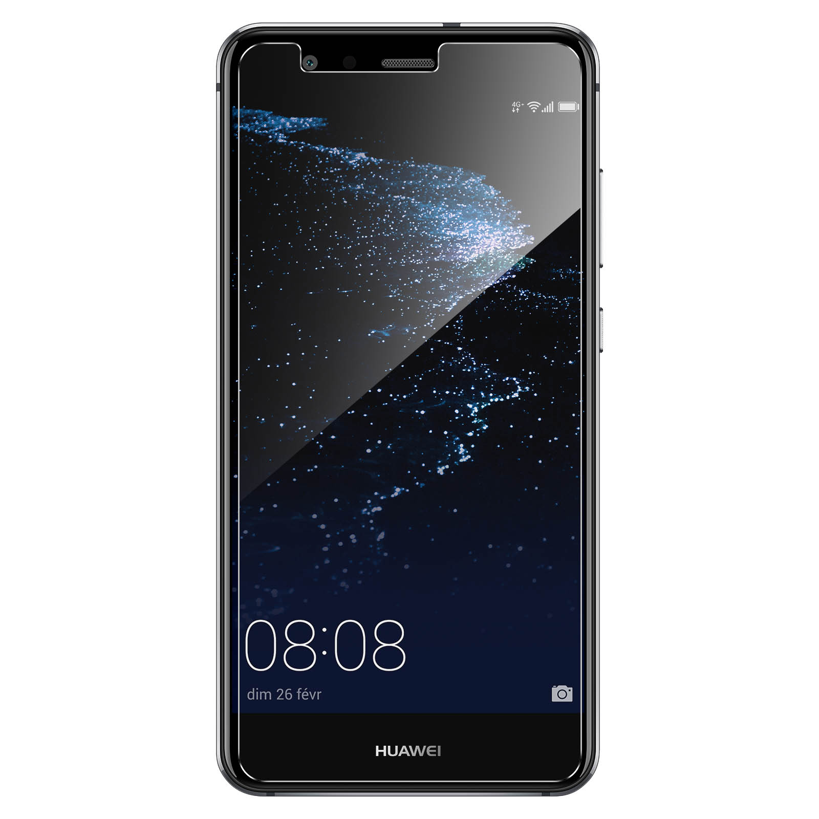 Un téléphone affichant un écran est levé. Le fond est flou, bleu foncé avec des points blancs.