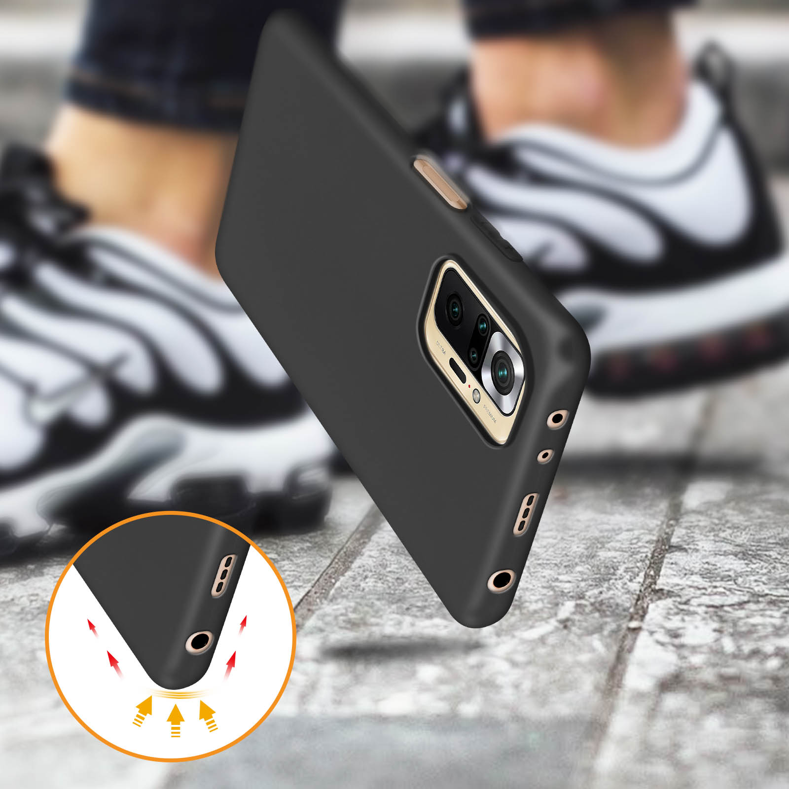 Une coque de téléphone avec une finition noire, sur une surface en pierre. La coque est inclinée.