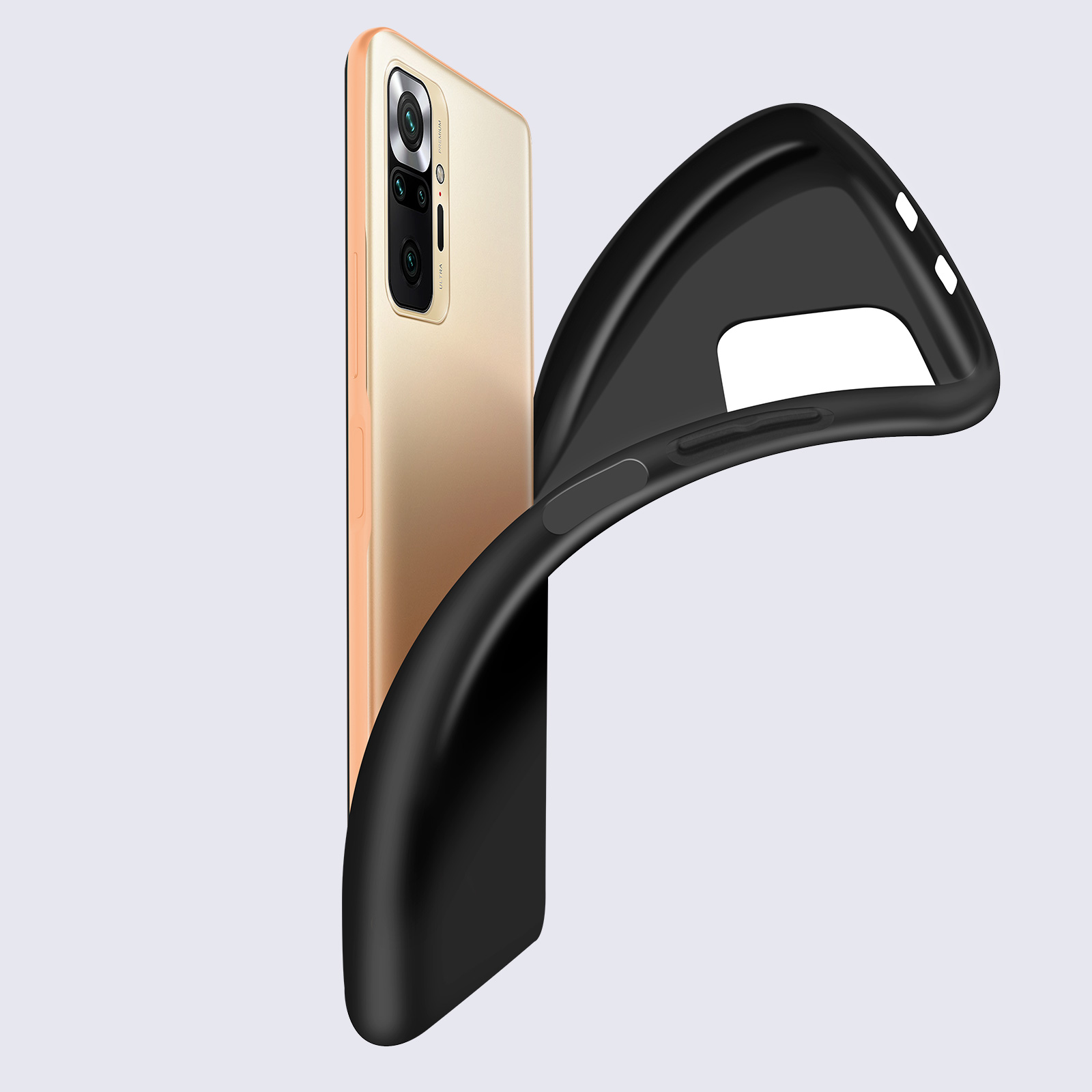 Un téléphone avec un dos orange, dans un étui noir, sur un fond clair.