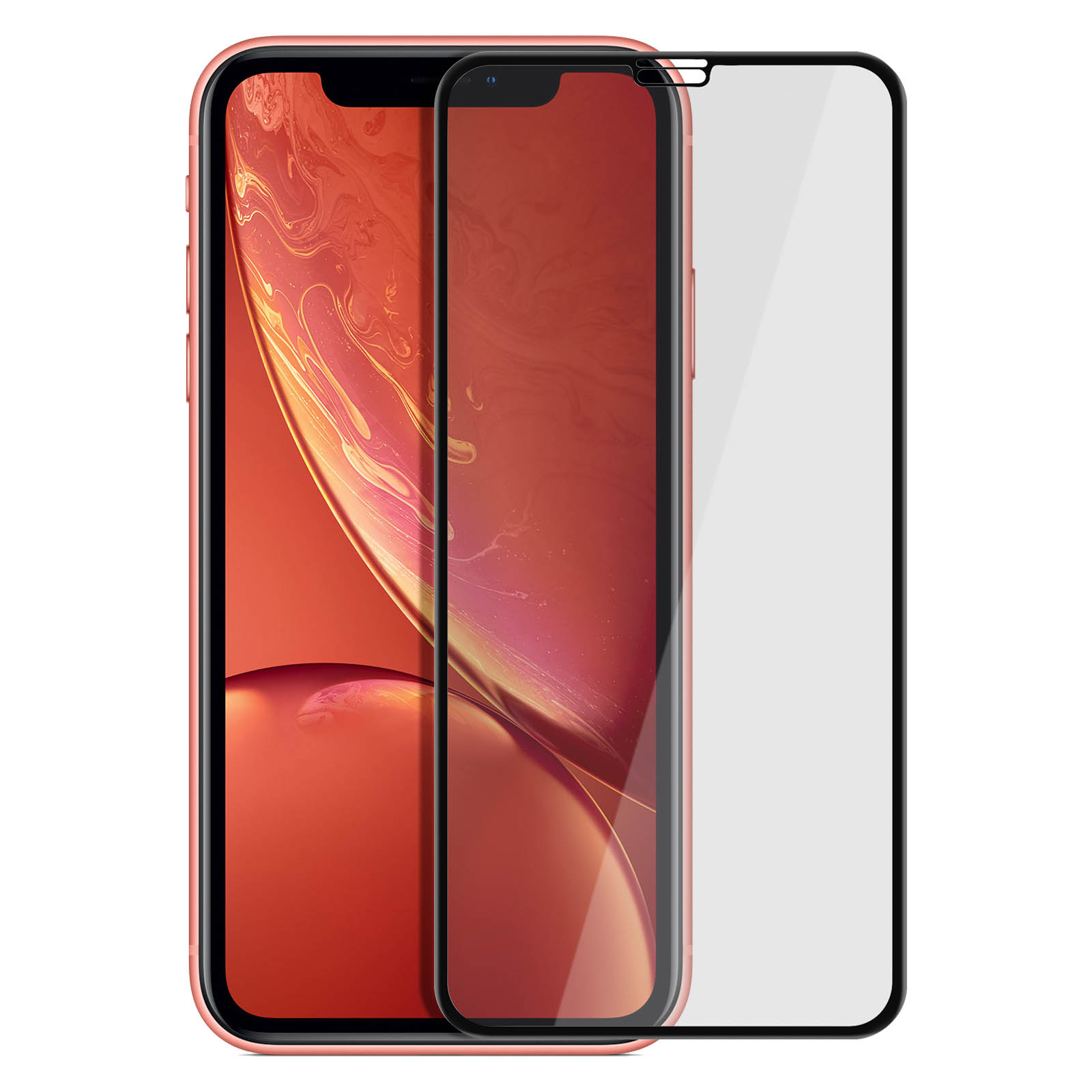 Un téléphone avec un protecteur d'écran appliqué. Le téléphone est rose. Le fond est blanc.