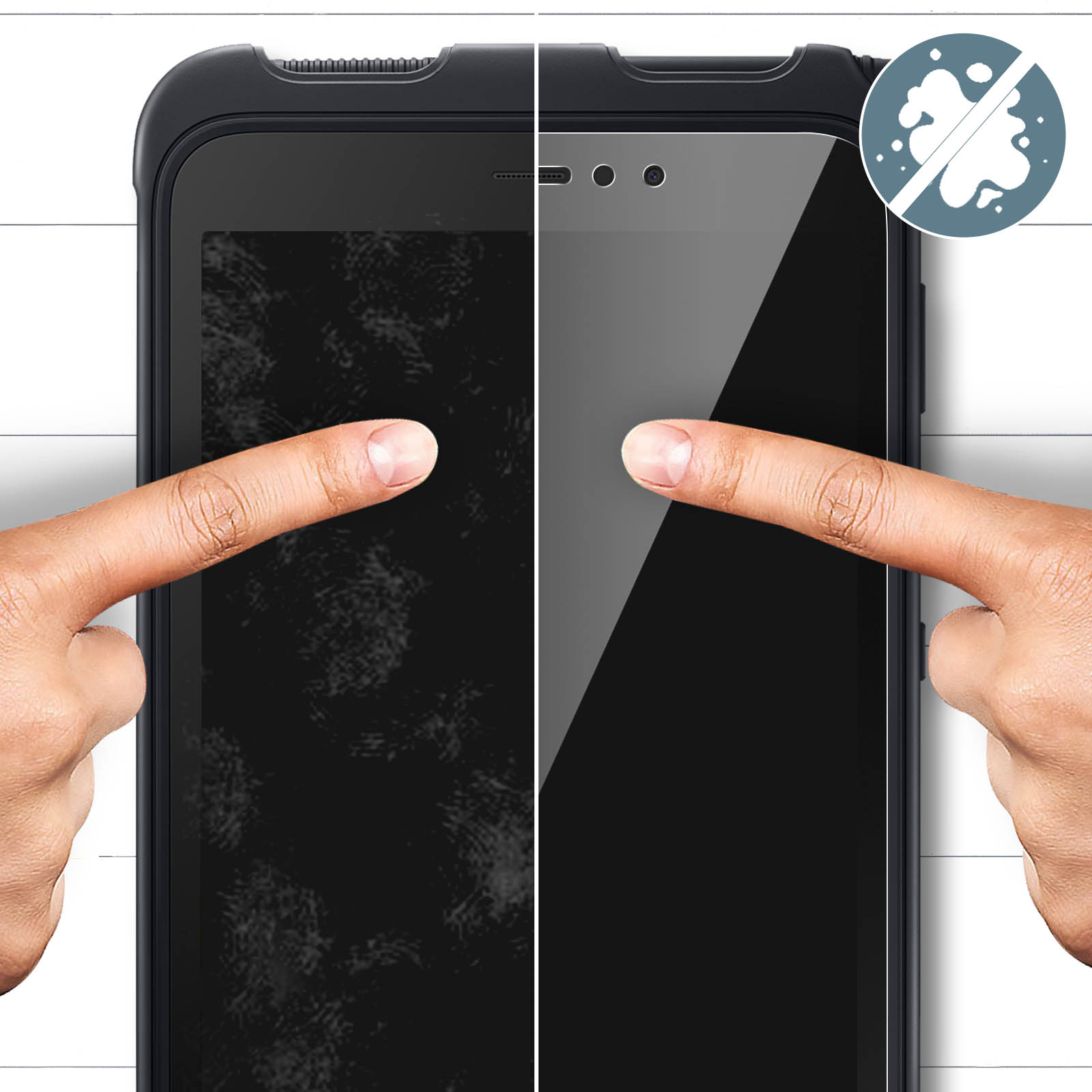 Due dita toccano lo schermo di un telefono. Un lato pulito, l'altro macchiato.
