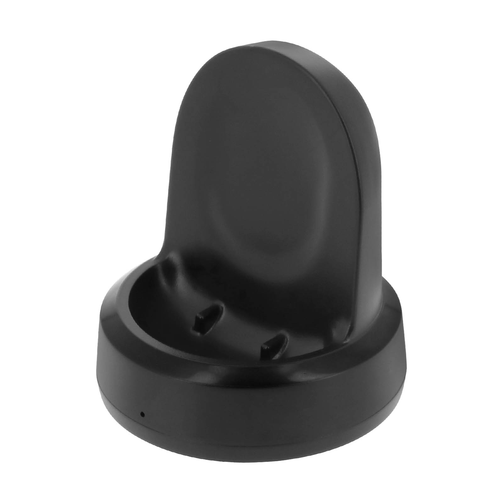 Una base di ricarica nera per smartwatch. Ha una parte posteriore curva e una base circolare. Lo sfondo è bianco.
