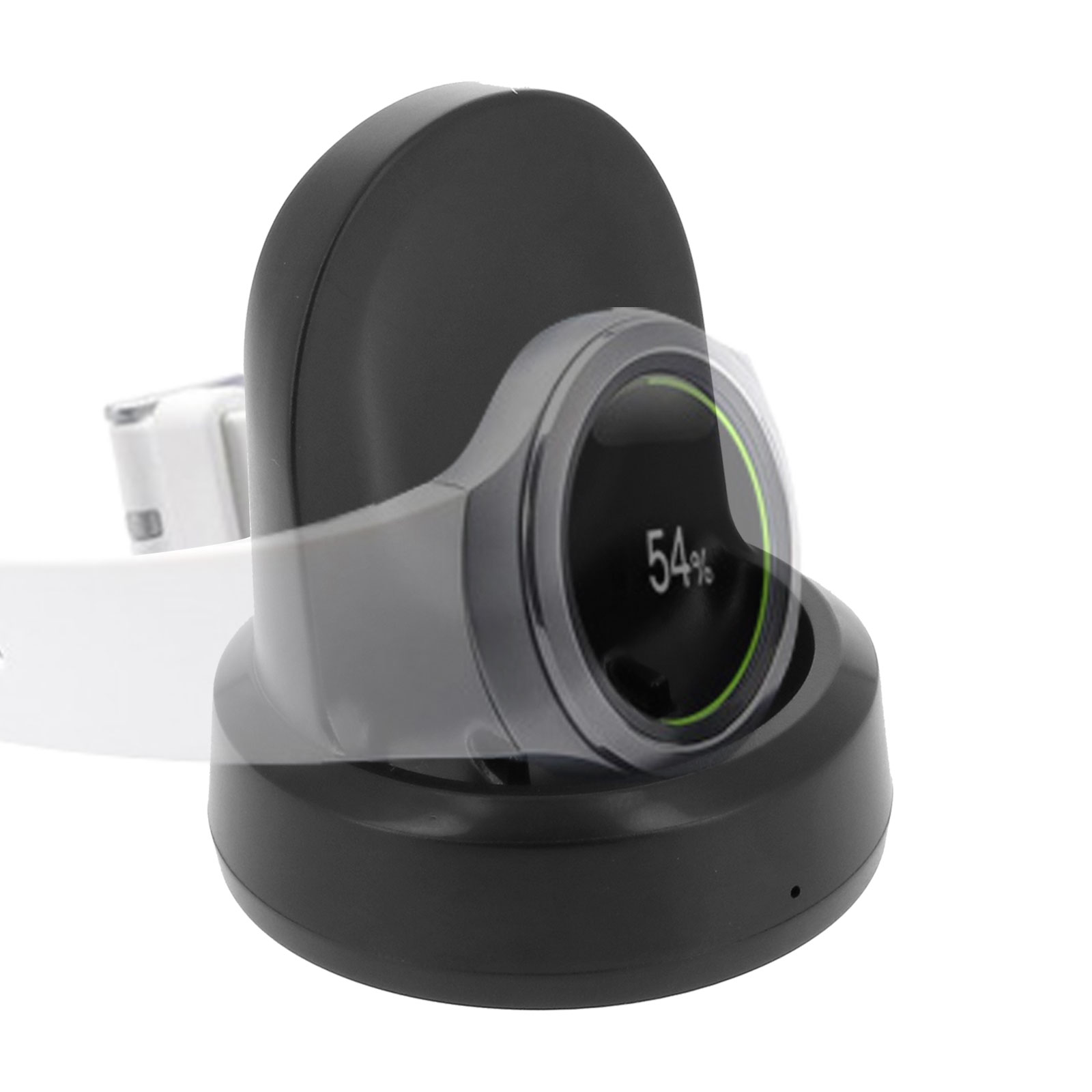Uno smartwatch nero su un supporto di ricarica. L'orologio mostra il 54% di batteria. Si vede un cinturino bianco.