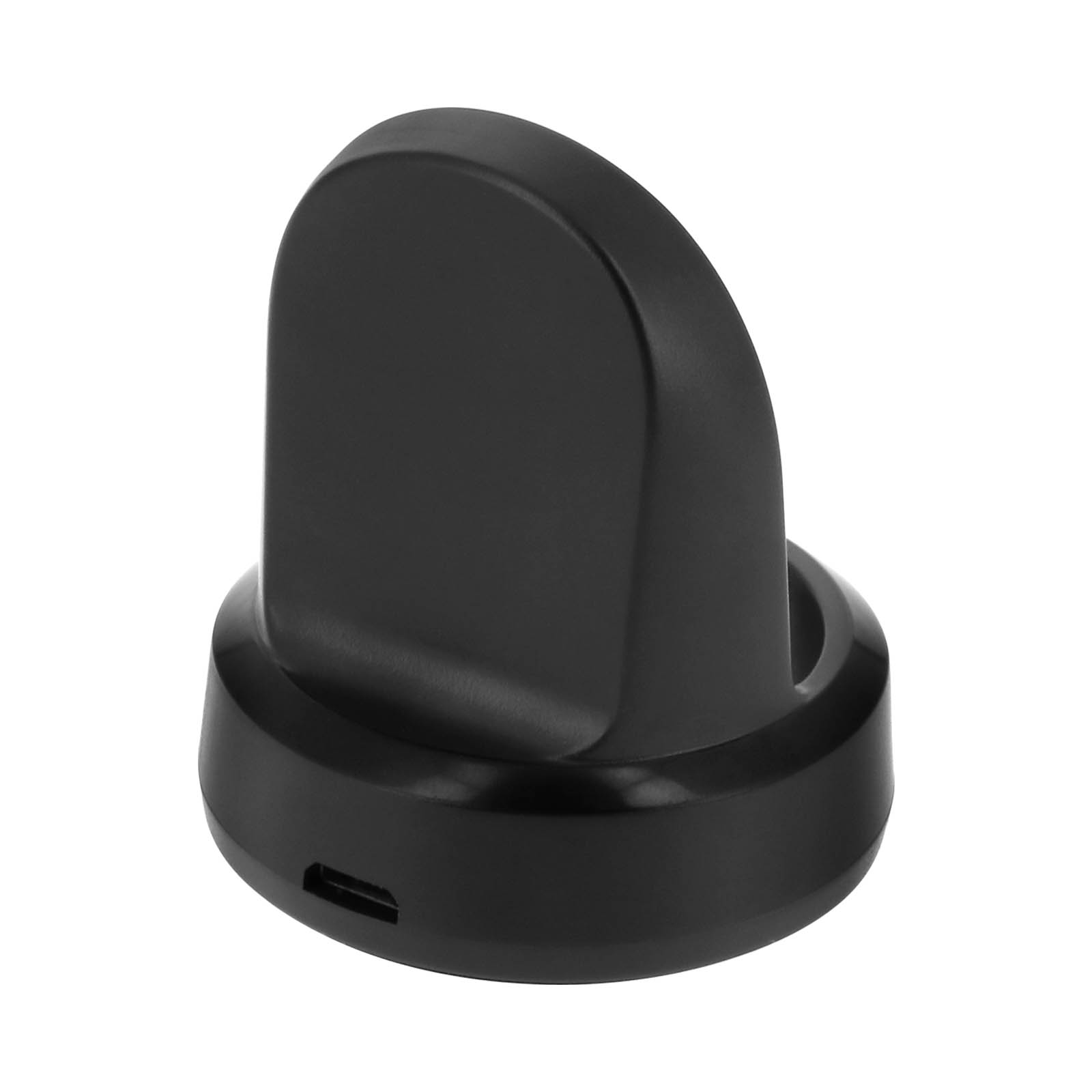 Una base di ricarica nera per smartwatch su sfondo bianco. Ha una parte superiore e una base arrotondate con una porta USB.