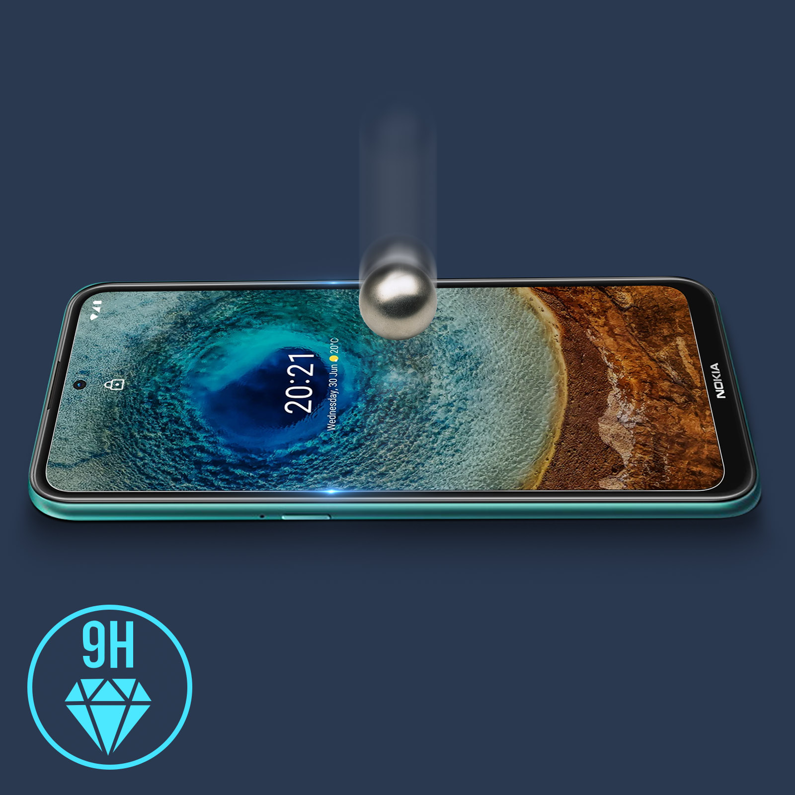 Telefoon met schermbeschermer. Impactafbeelding van een bal die het scherm raakt.