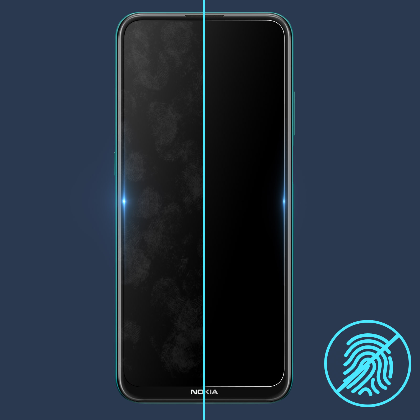 Telefoon met schermbeschermer. Blauwe achtergrond. Vingerafdrukpictogram. Nokia onderaan.