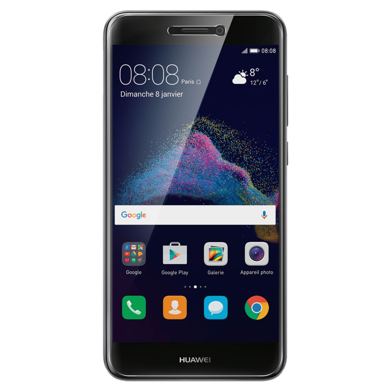 Un telefono nero con un display che mostra l'ora e la data, con icone. Ha un logo Huawei.