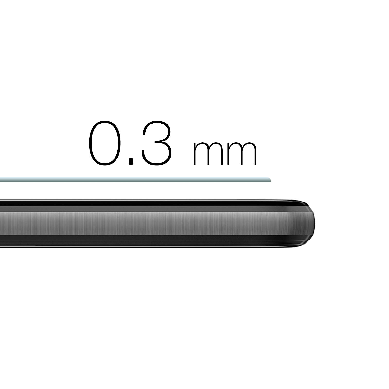 Profilo laterale di un telefono che mostra il suo spessore. Il numero 0,3 mm è scritto sopra il telefono.