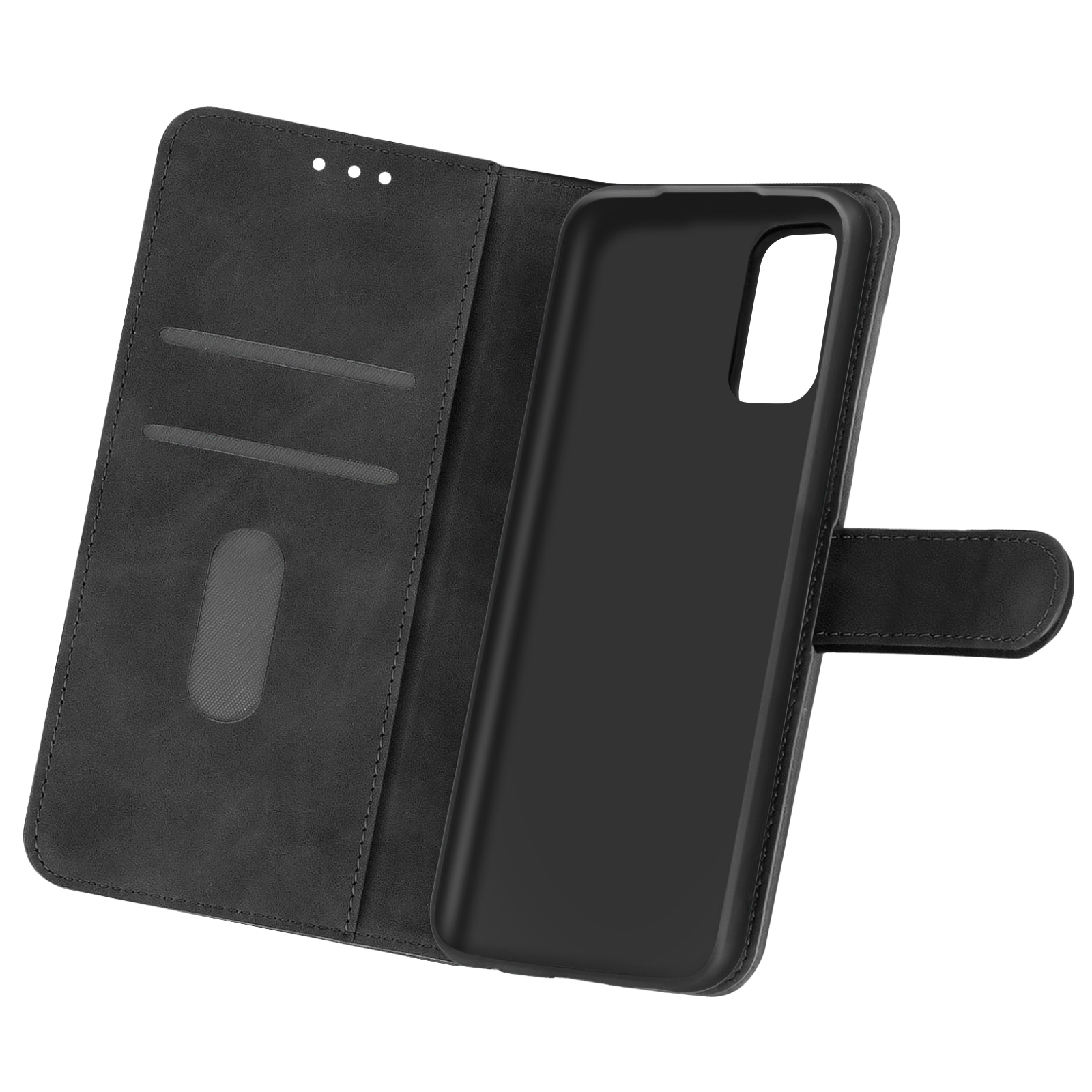 Custodia nera per telefono, aperta, con fessure per carte e interno nero.