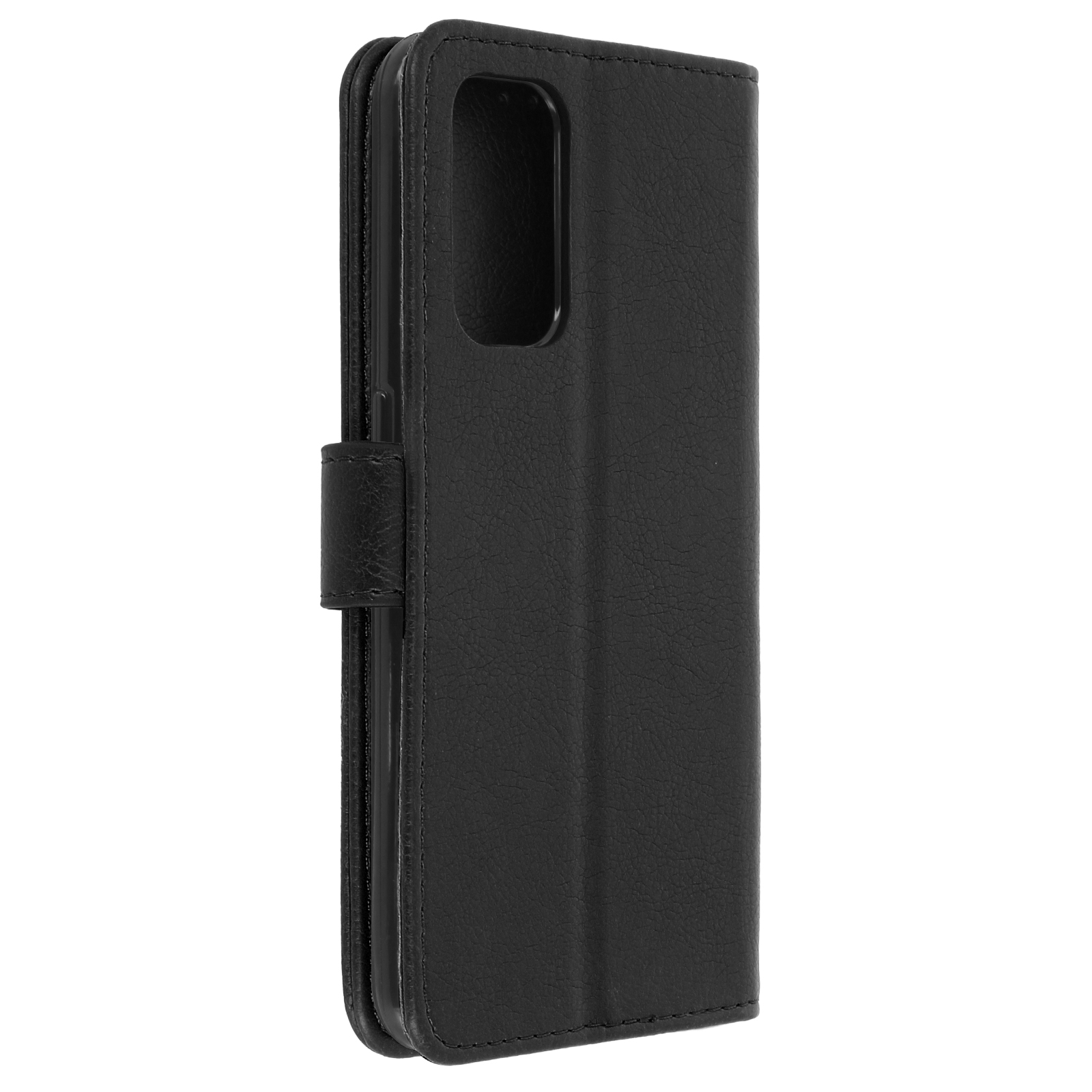 Custodia per telefono in pelle nera. È chiusa e ha una chiusura magnetica. Lo sfondo è bianco.
