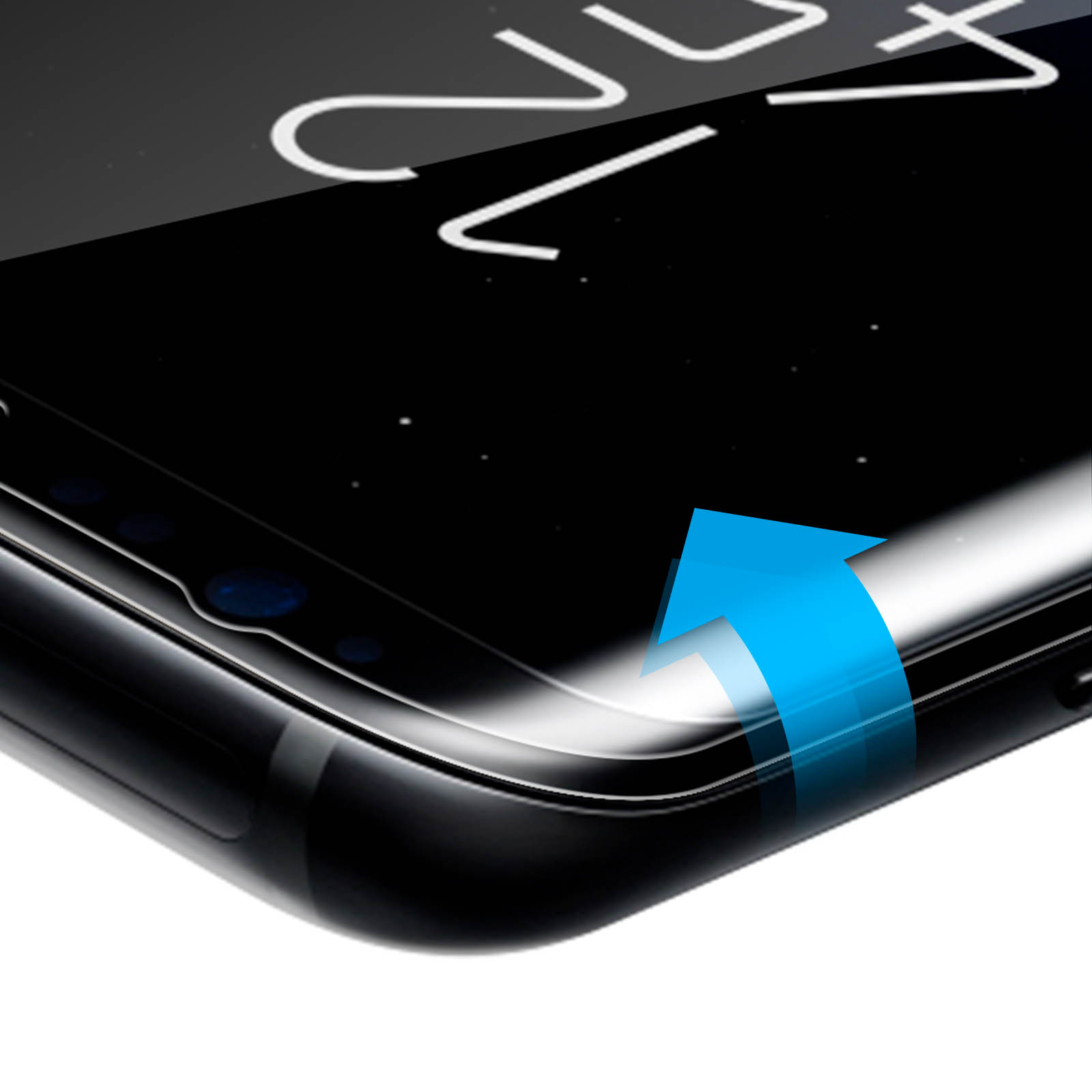 Applicazione di una protezione per lo schermo del telefono, con freccia blu. Schermo nero riflettente.