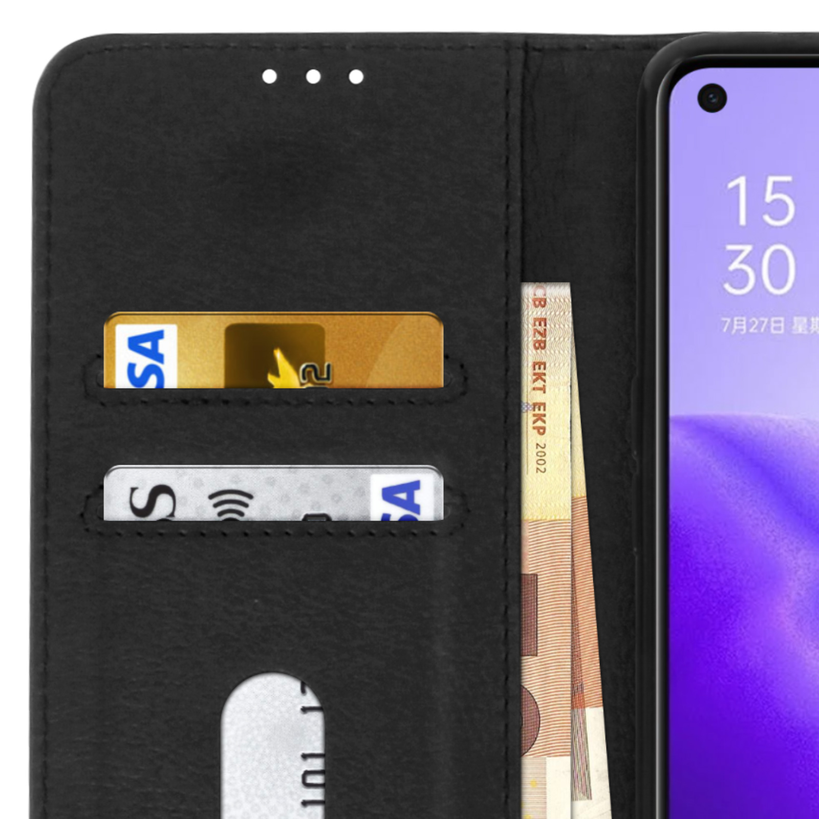 Custodia nera per telefono aperta, con carte e contanti all'interno. Telefono visibile a destra.