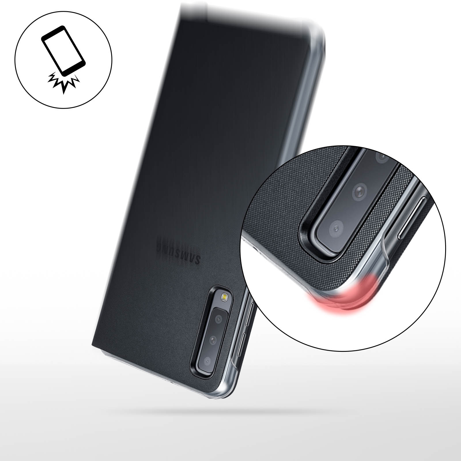 Teléfono y funda con icono de impacto. Fondo blanco.