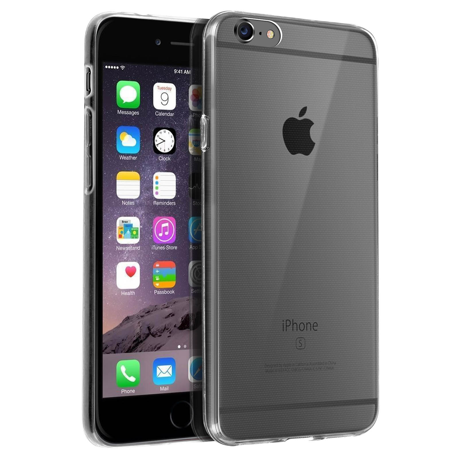 iPhone con funda transparente, mostrando la pantalla con aplicaciones y la parte trasera.
