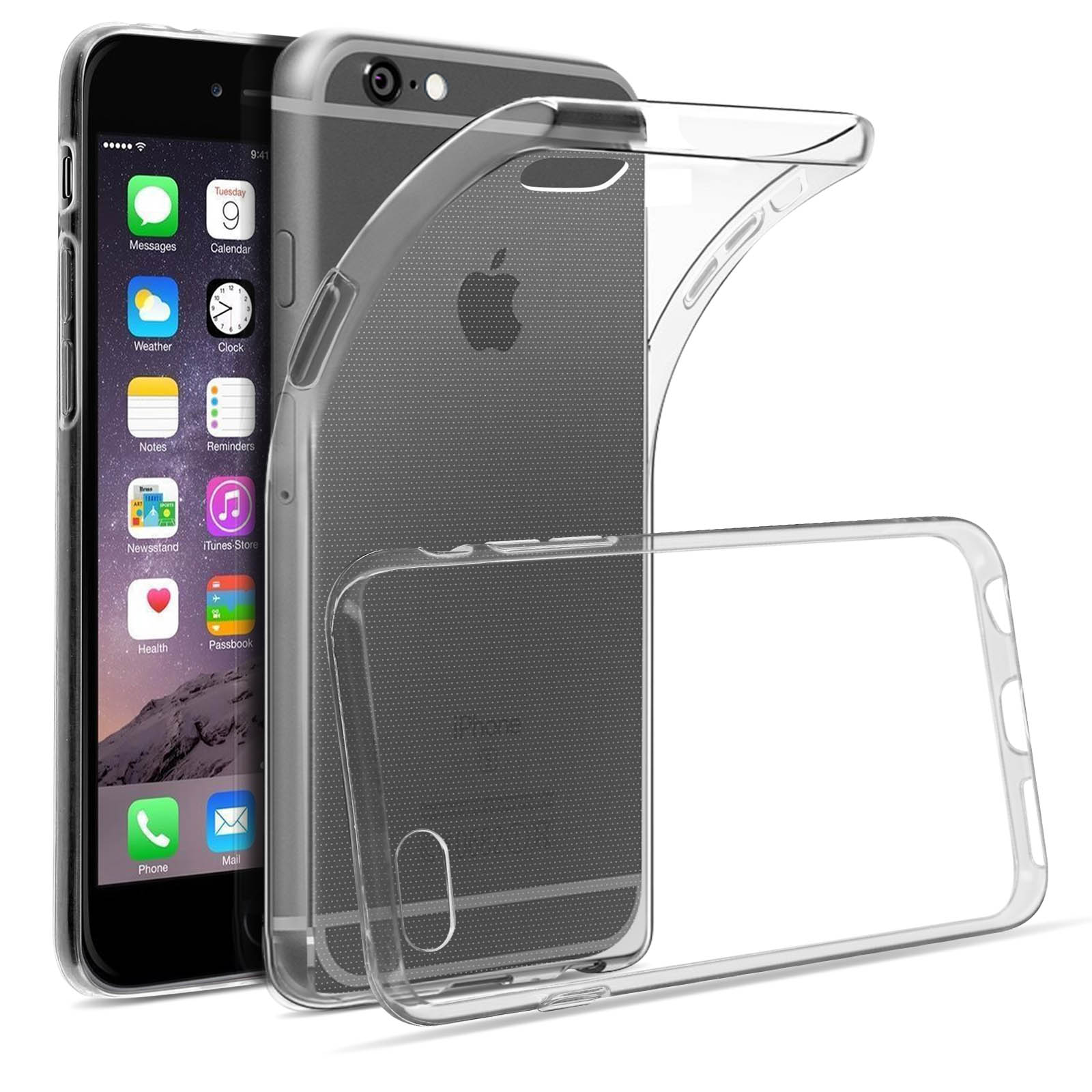 Dos iPhones y una funda transparente. El iPhone de la izquierda tiene la pantalla encendida y el otro está en una funda.