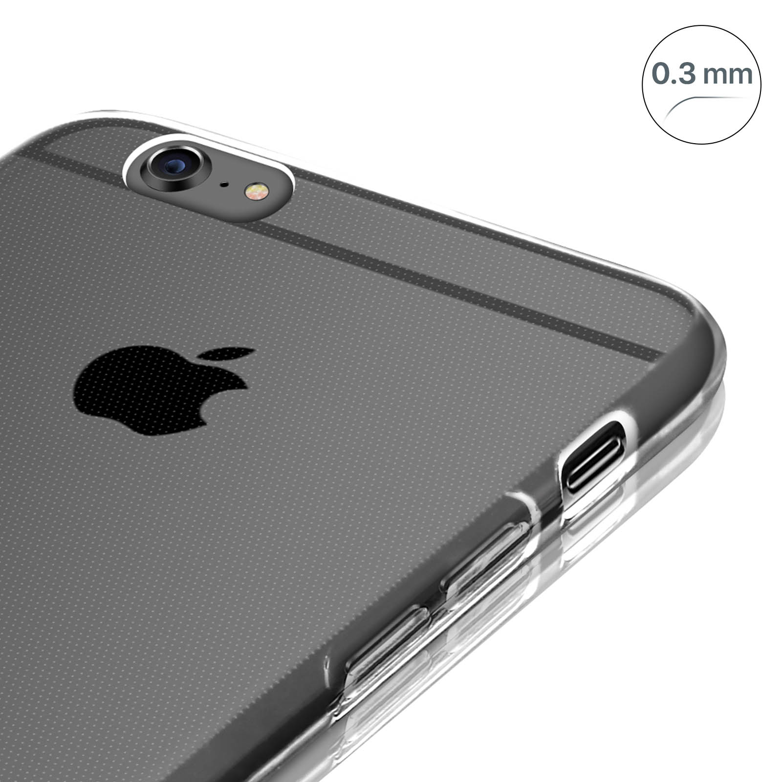 Primer plano de una funda transparente con un pequeño recorte circular para la cámara y una etiqueta de 0,3 mm.
