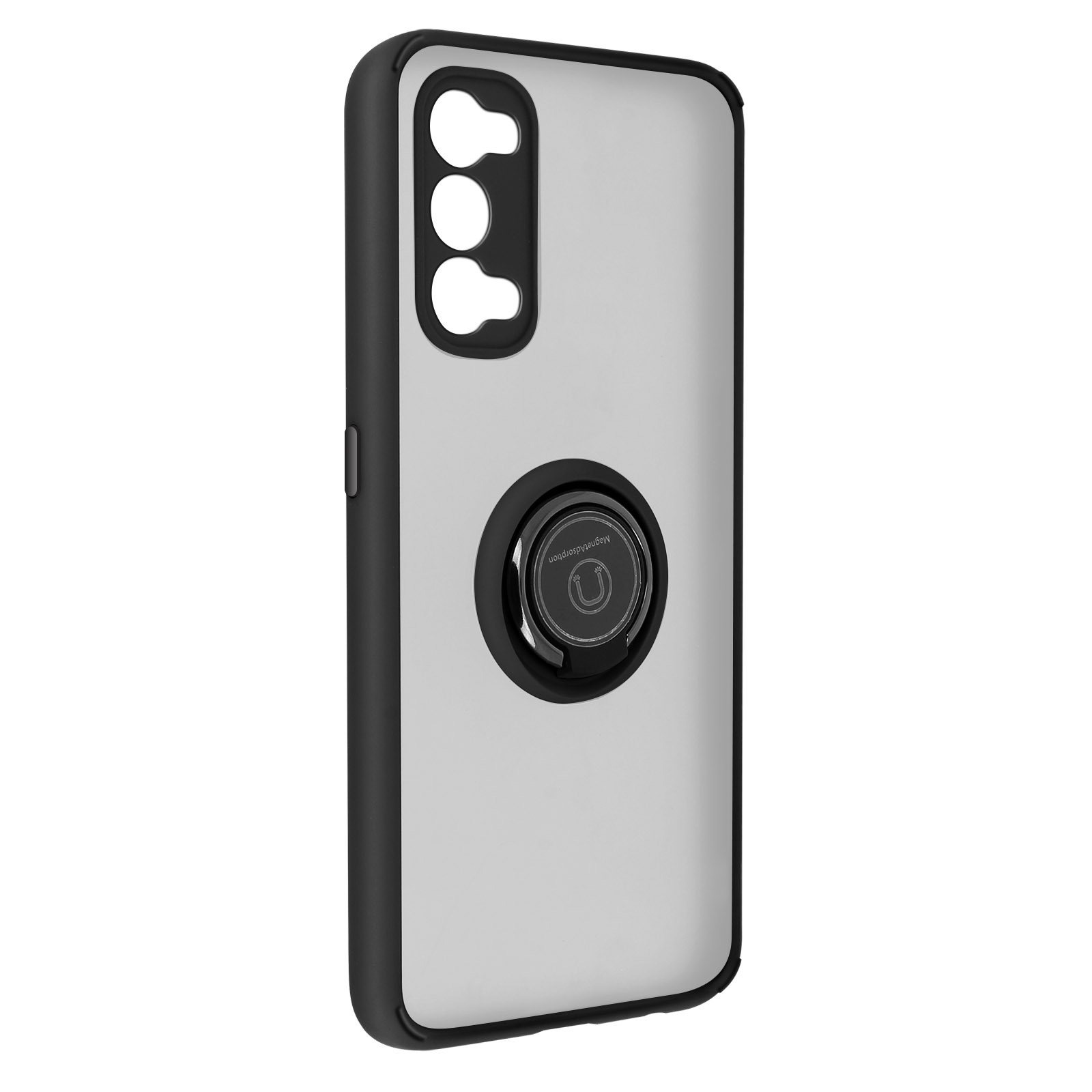 Custodia per telefono con anello di supporto. Schema di colori bianco e nero. Anello sul retro.