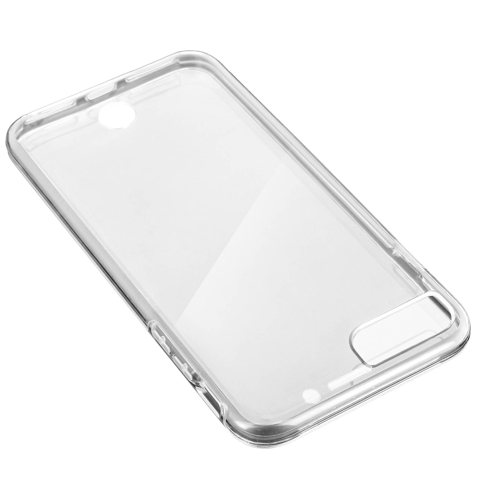 Una custodia trasparente per telefono con un design rettangolare trasparente.