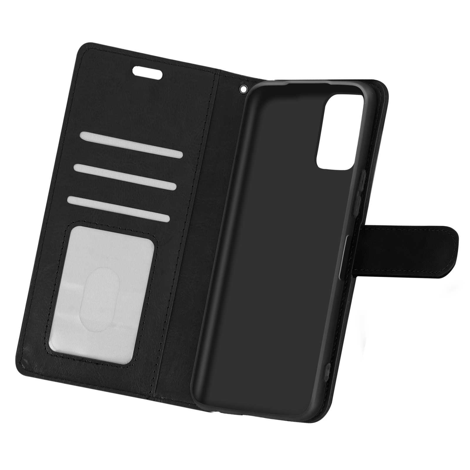 Open zwarte telefoonhoes met kaartsleuven en een magnetische sluiting.