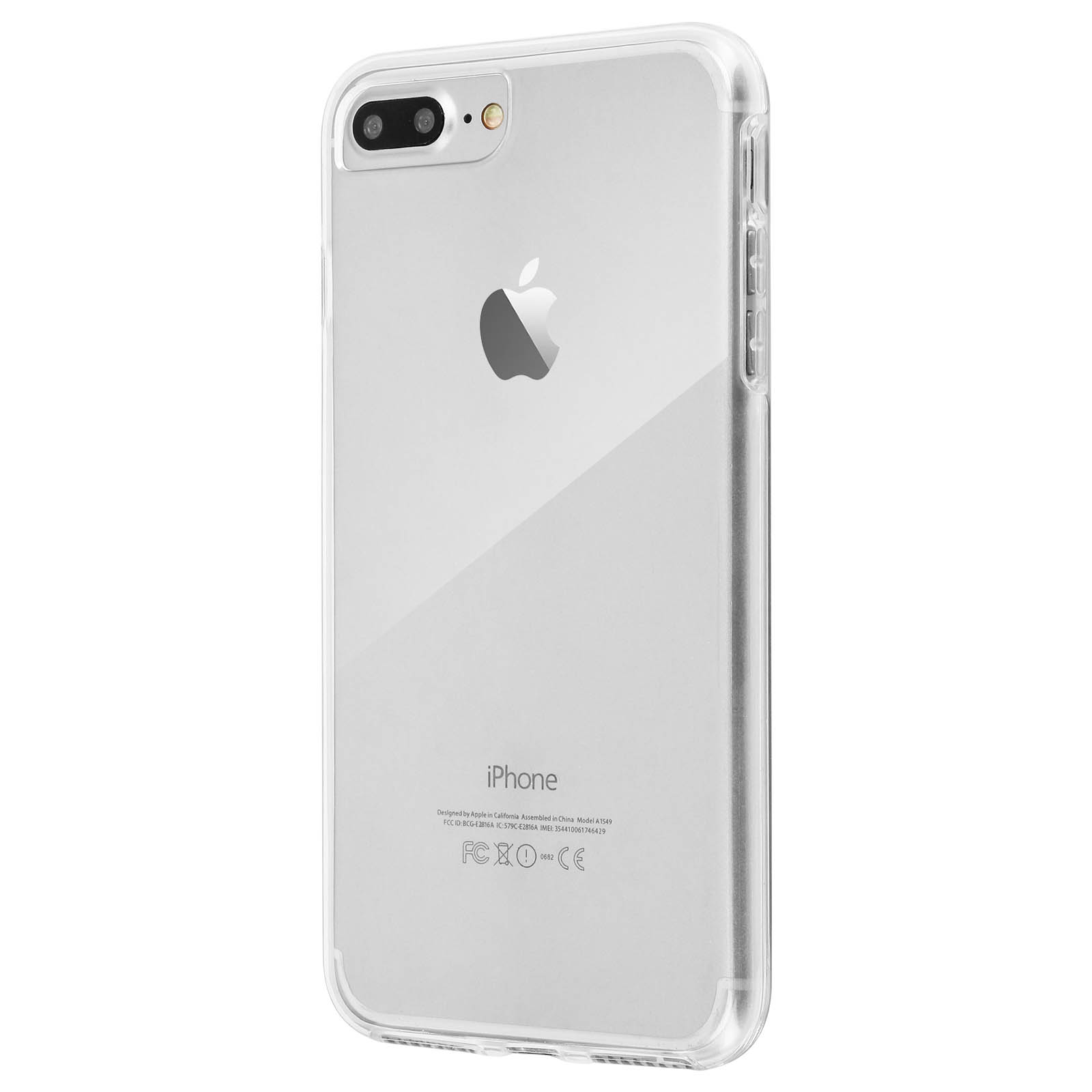 iPhone 7 Plus argento in una custodia trasparente. Sfondo bianco.