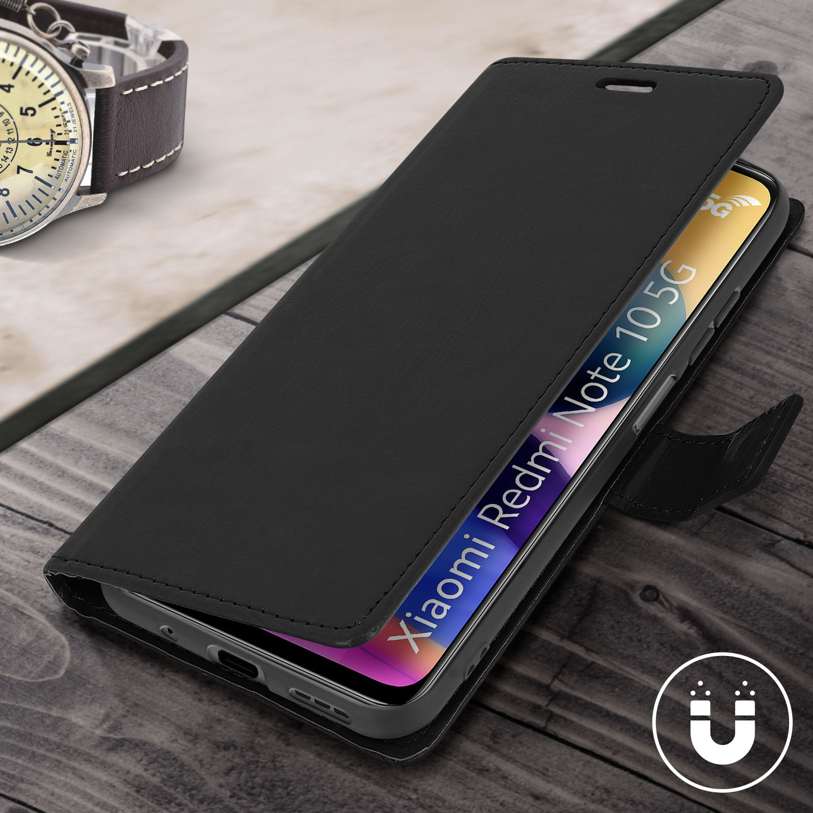 Étui de téléphone noir ouvert pour montrer un téléphone avec un écran. Une montre est en arrière-plan.
