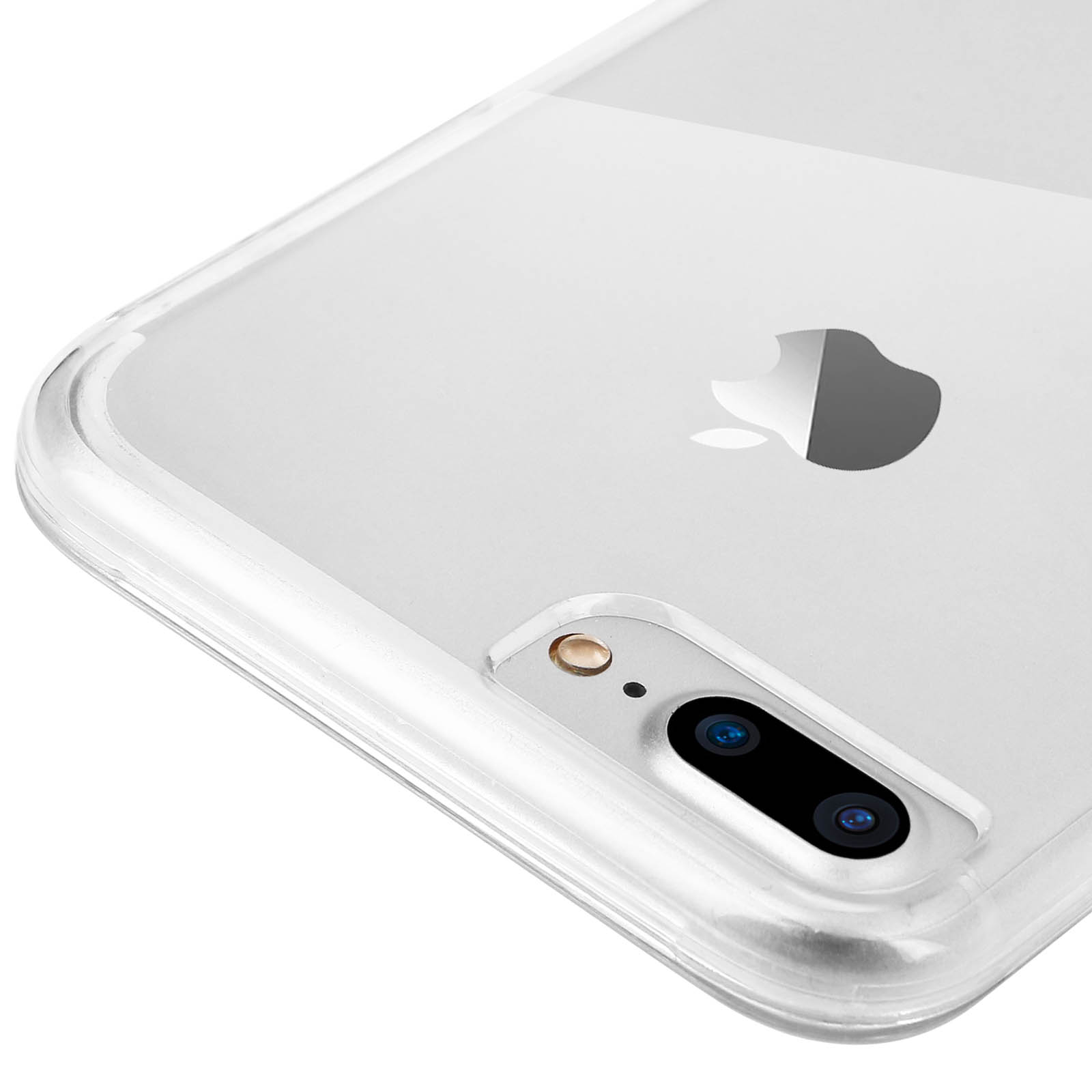 Primo piano di un iPhone in una custodia trasparente. Il logo Apple è visibile.