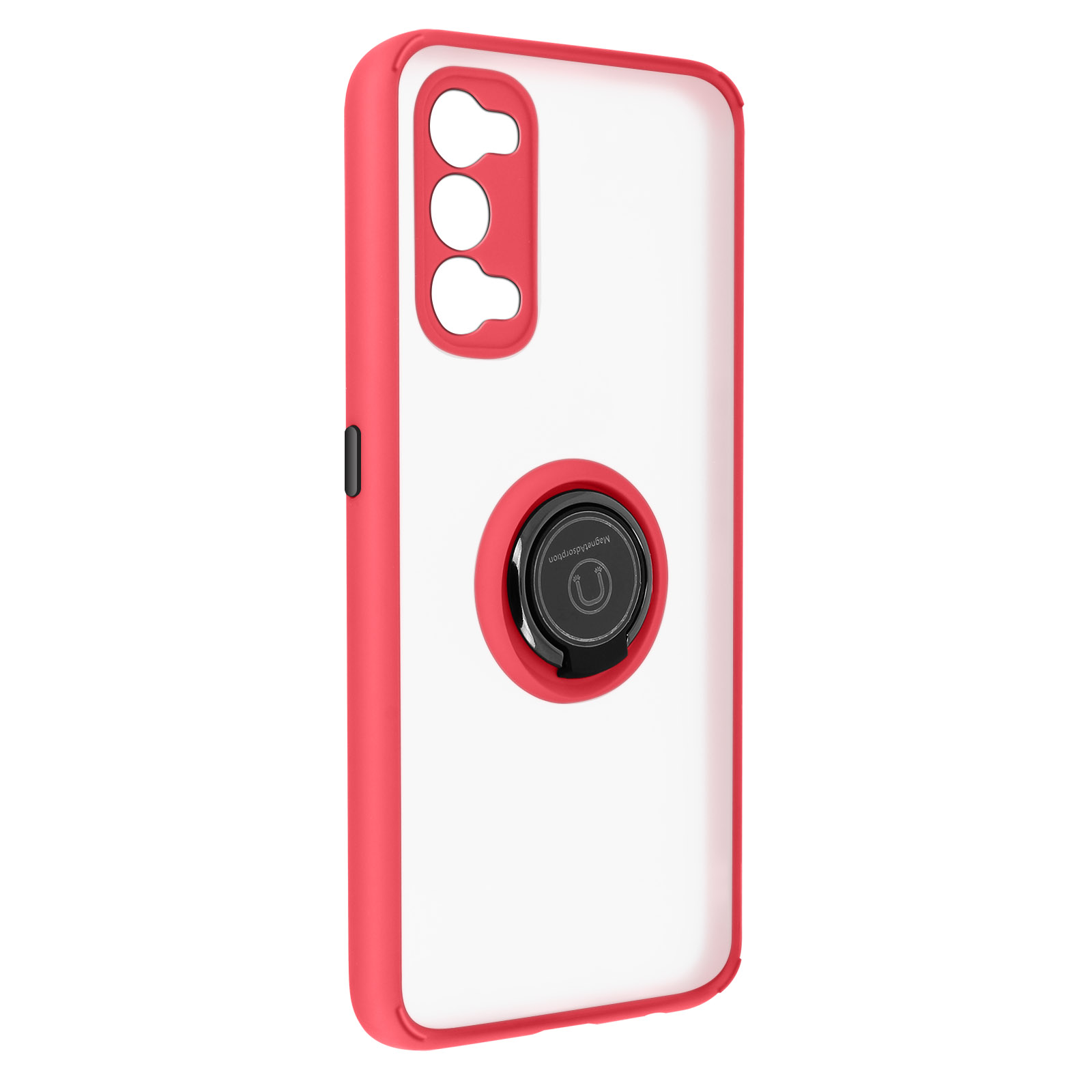 Custodia per telefono rossa e trasparente. Supporto ad anello sul retro con design a forma di U.