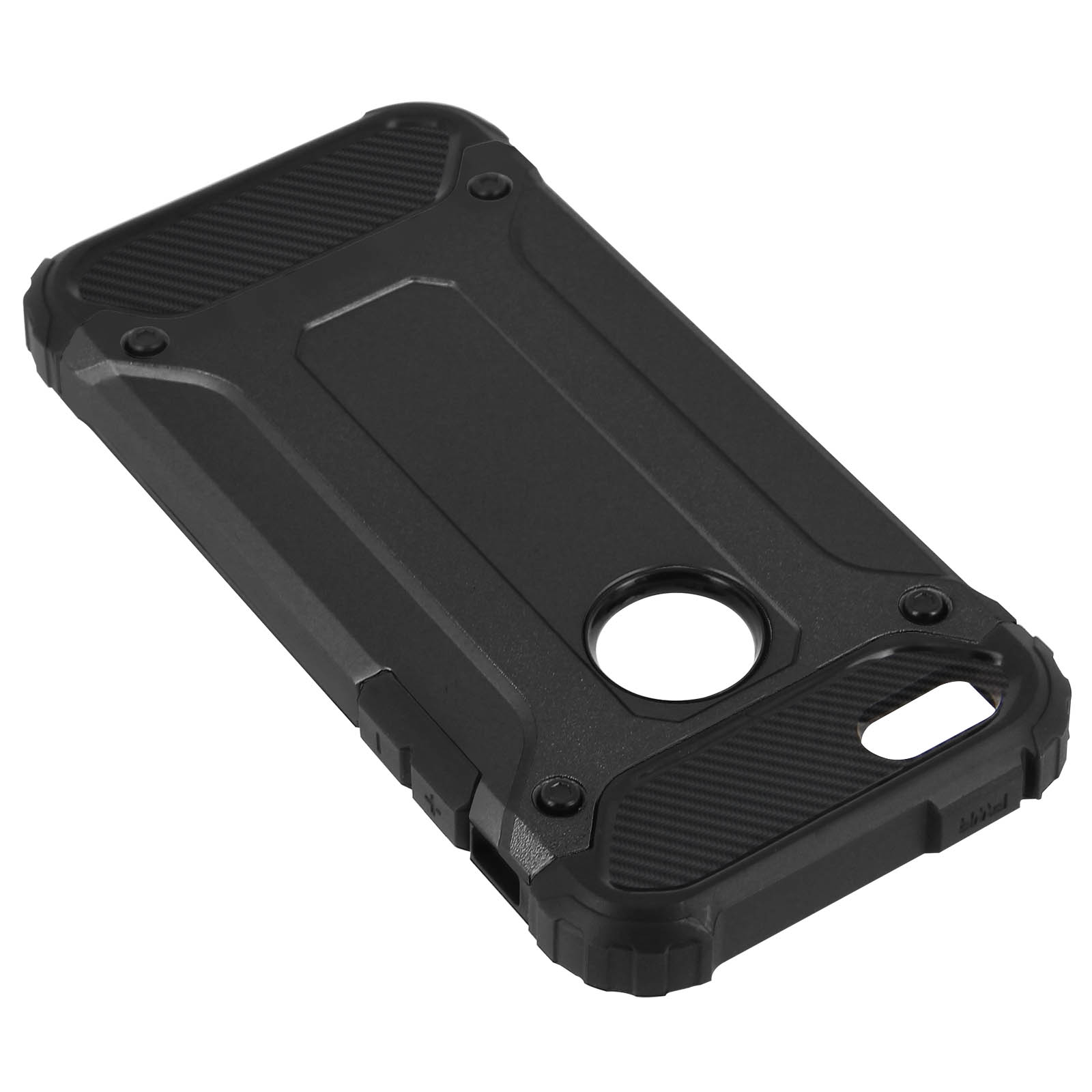 Funda negra resistente para teléfono con diseño texturizado y recorte de cámara.