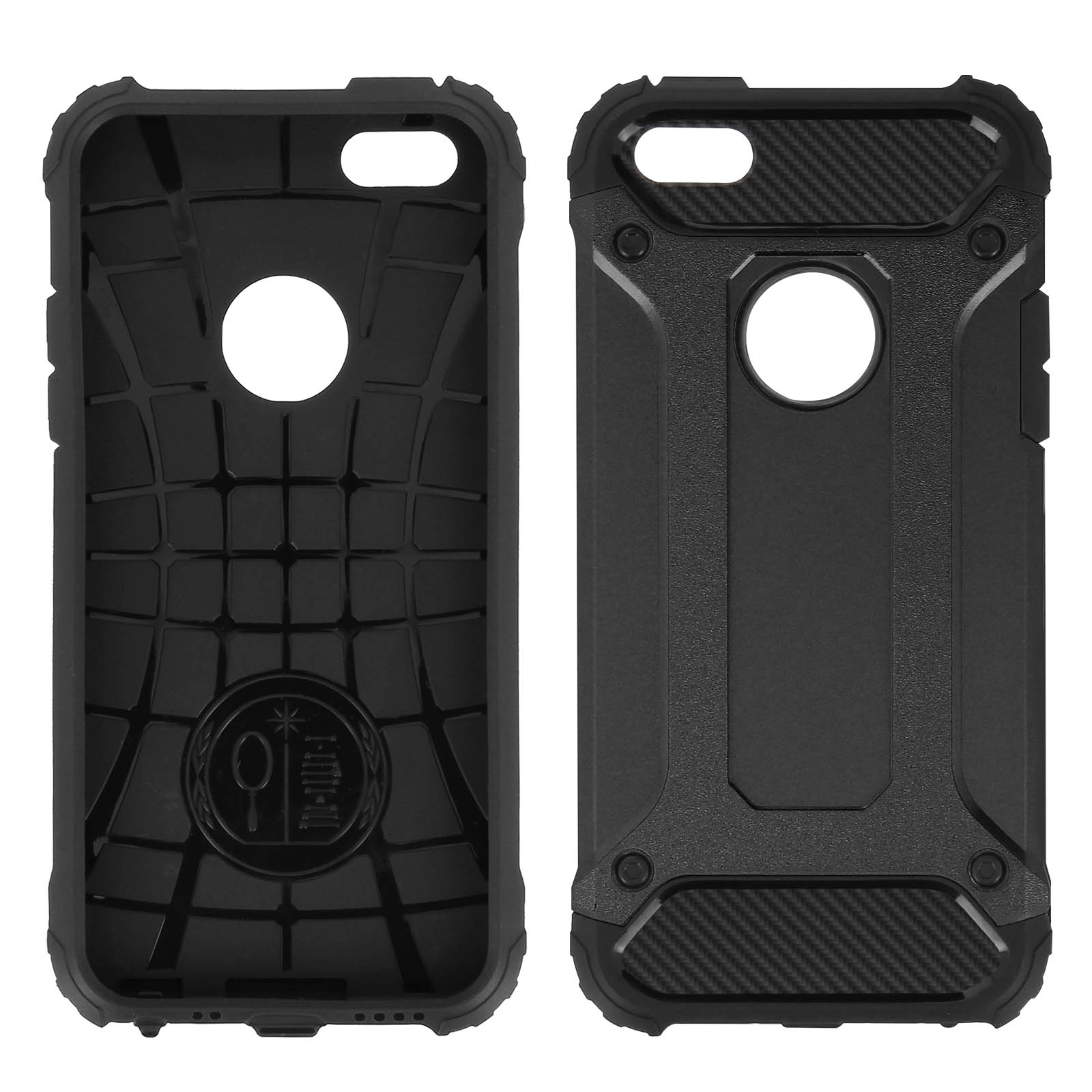 Dos partes de una funda negra para teléfono. Una tiene un interior estampado.