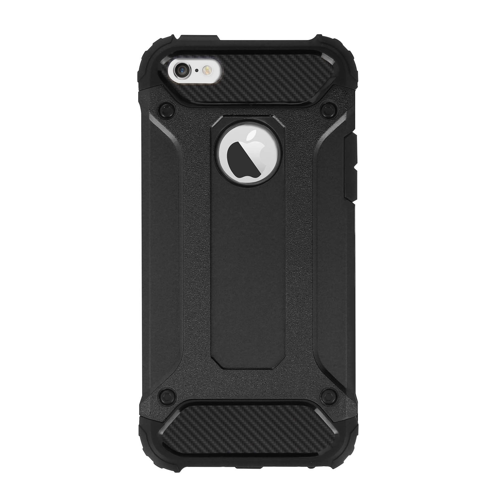 Una funda negra para iPhone con diseño de fibra de carbono, que muestra el logo de Apple y una superficie texturizada.
