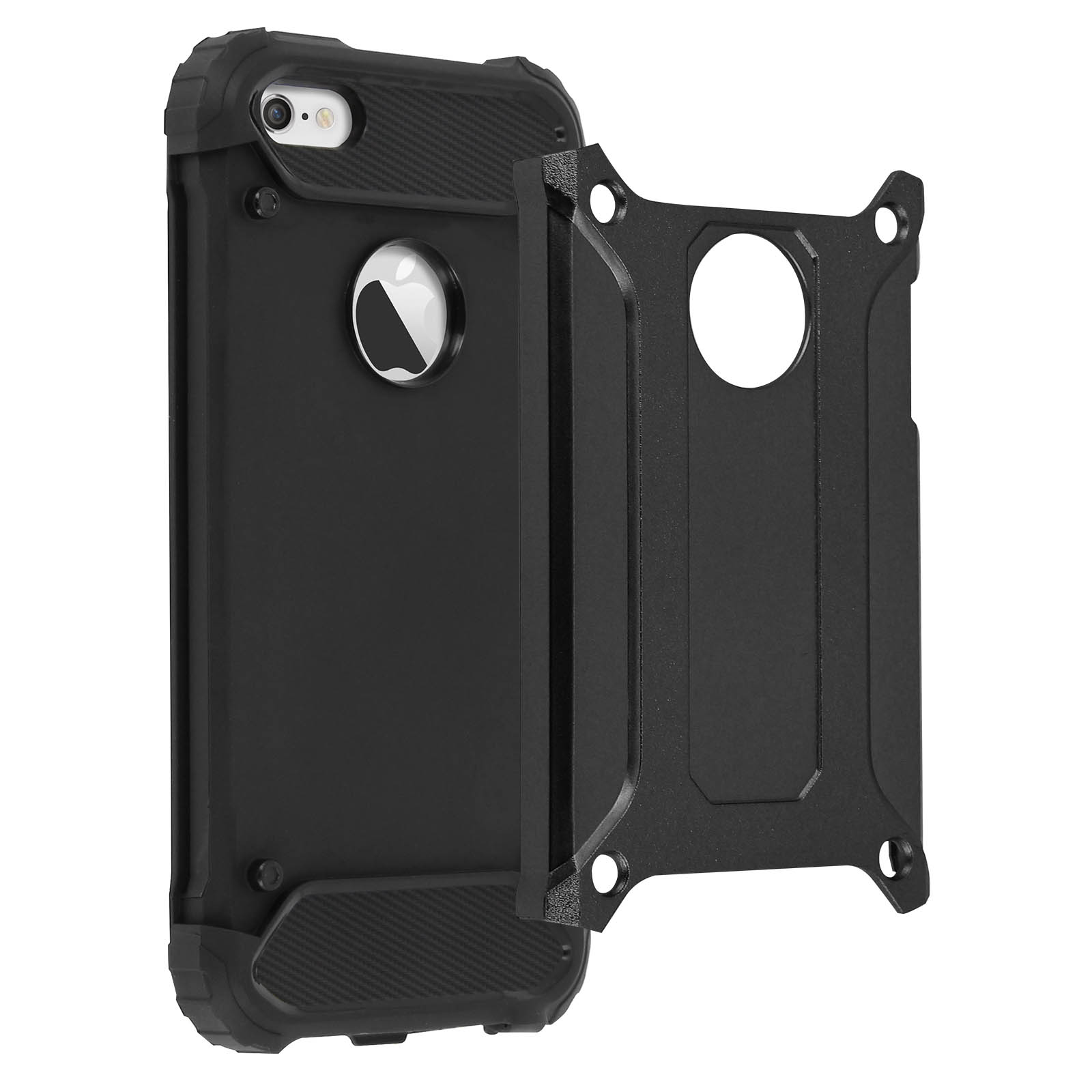 Funda de teléfono negra con un teléfono en blanco y negro, fondo negro, sujeta a un soporte.