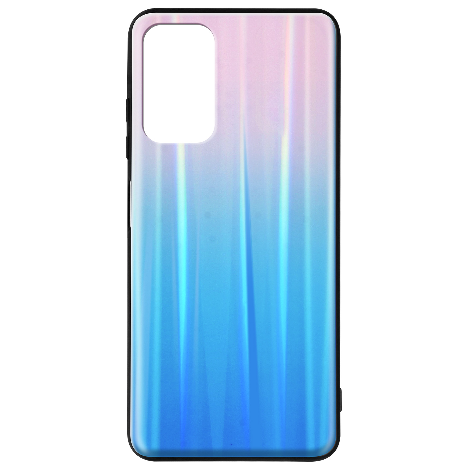 Custodia per telefono con design sfumato blu e rosa. Cornice nera. Sfondo bianco.