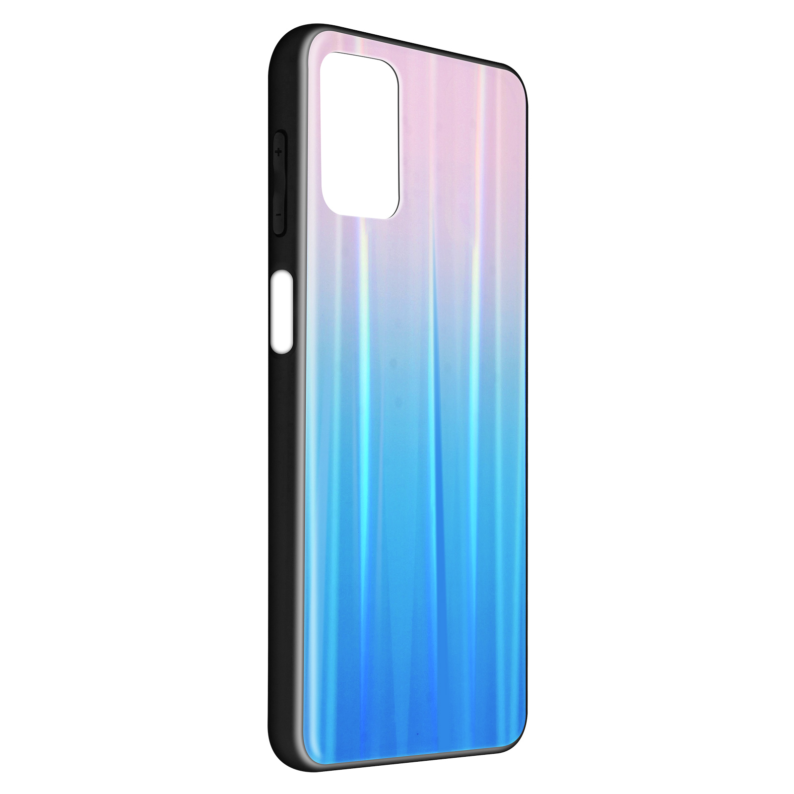 Custodia per telefono con gradiente blu a rosa. Cornice nera. Sfondo bianco.