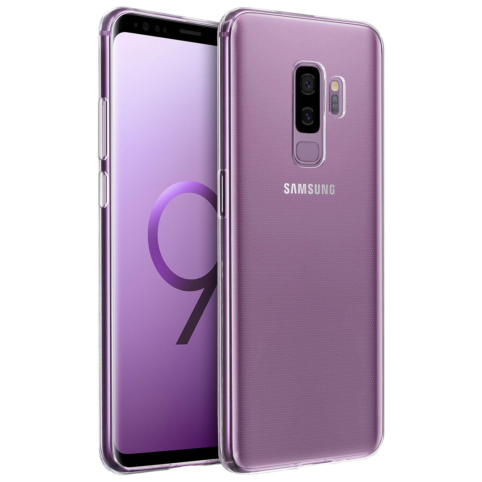 Telefono viola in una custodia trasparente. La custodia è a destra. Il telefono è viola. Lo sfondo è bianco.