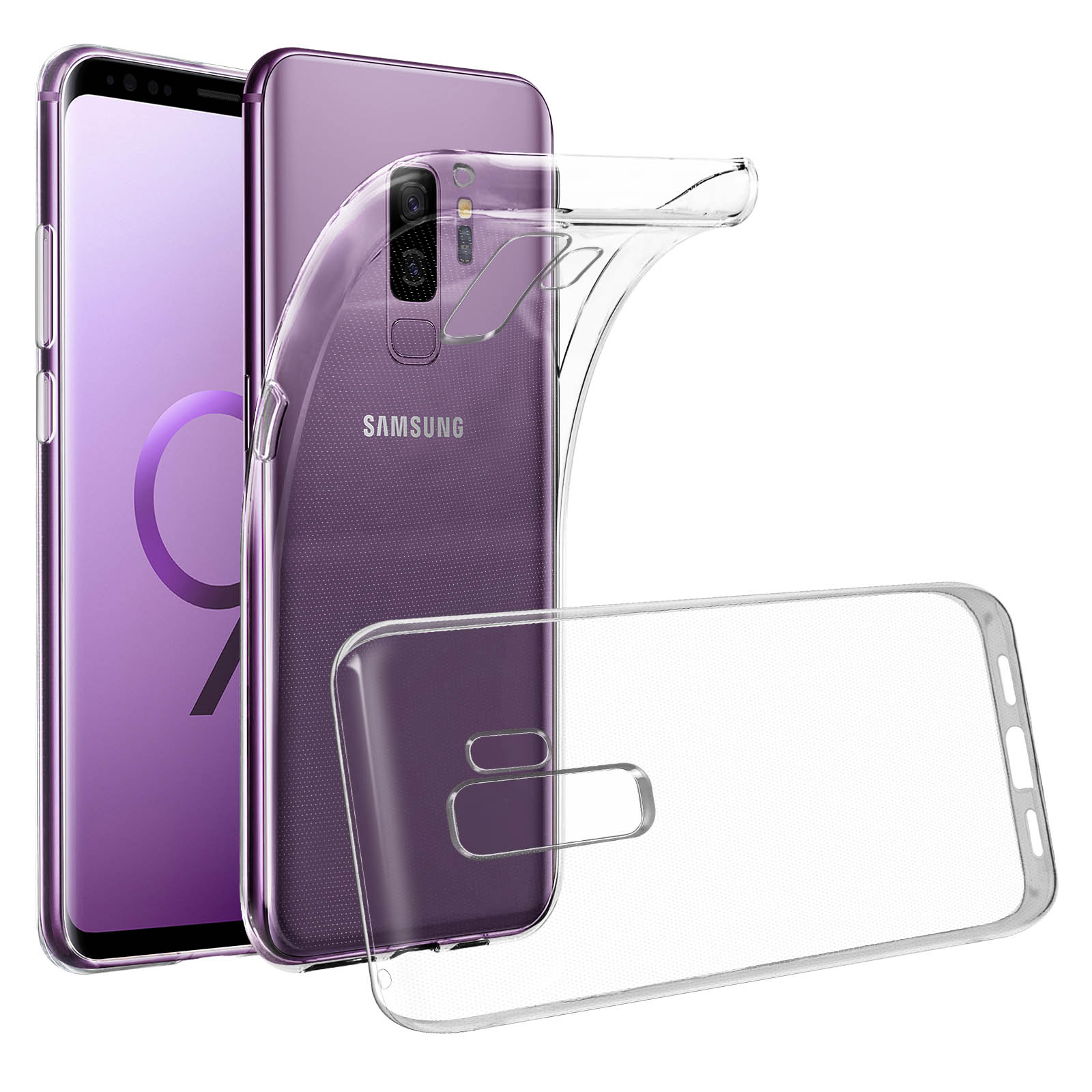 Due telefoni, uno viola, in custodie trasparenti, con la parola Samsung visibile.