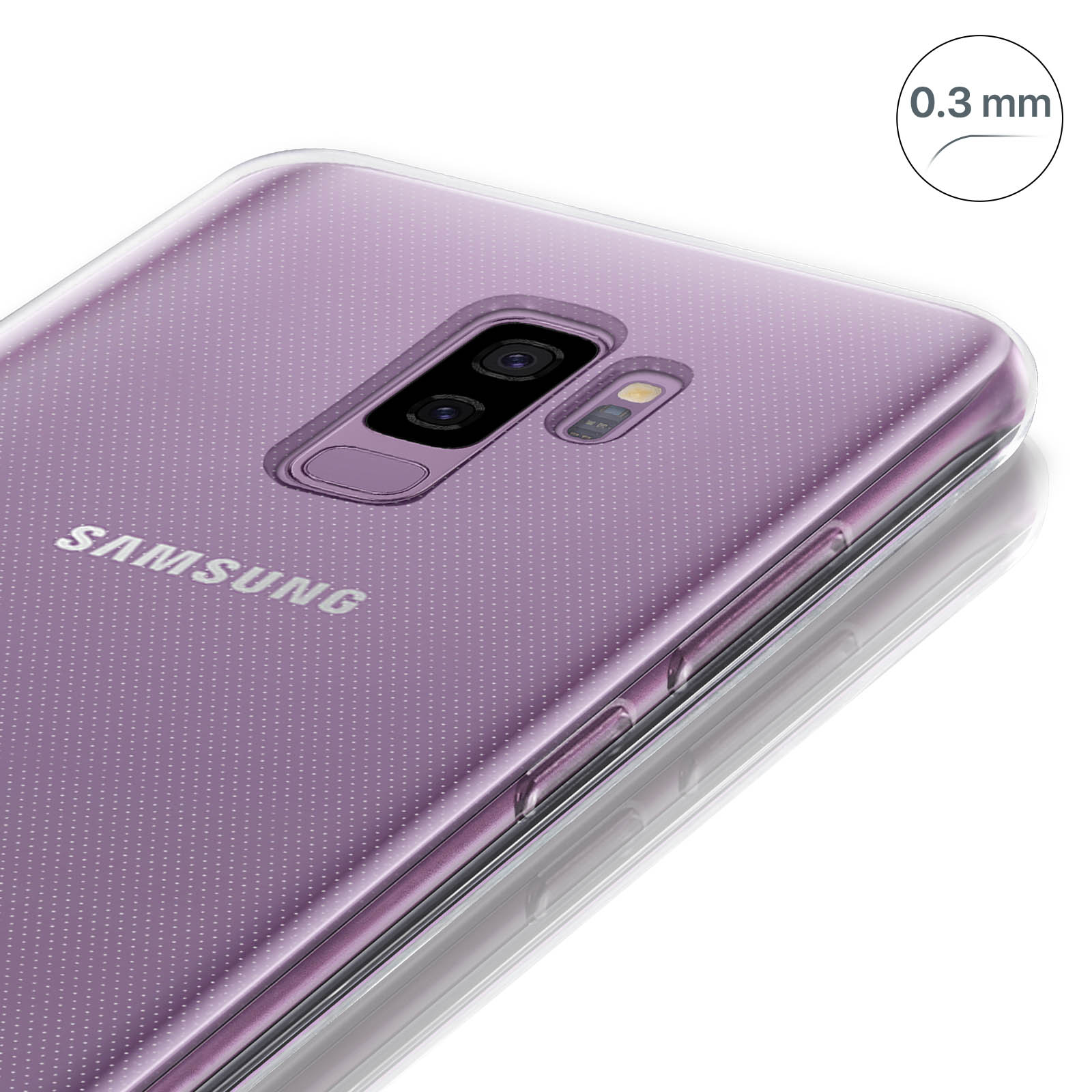 Custodia per telefono viola con piccoli puntini bianchi. La parola SAMSUNG è scritta sulla custodia.