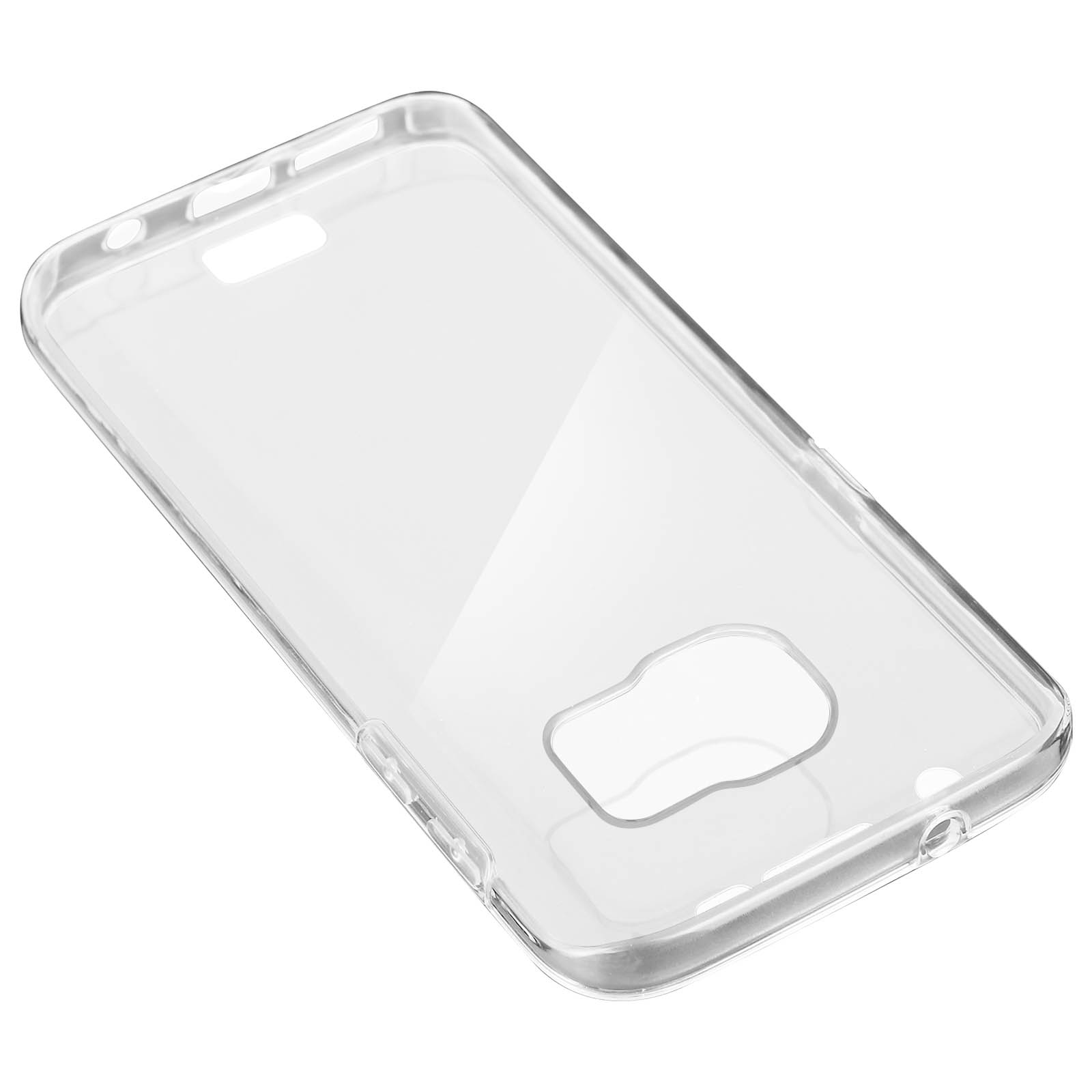 Eine transparente Handyhülle auf weißem Hintergrund.