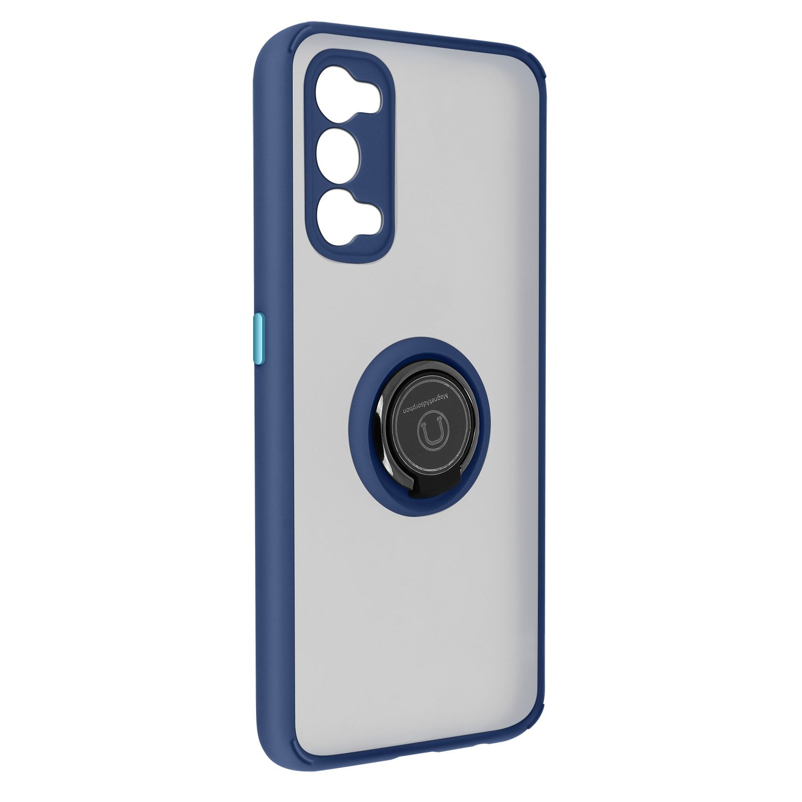 Una custodia per telefono con un supporto ad anello. La custodia è blu e trasparente con un retro bianco. L'anello è nero. Sfondo semplice.