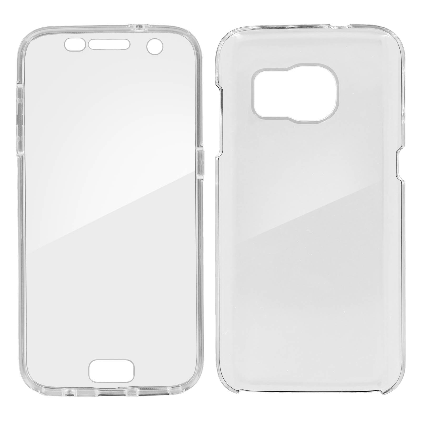 Zwei transparente Handyhüllen, eine mit Bildschirmausschnitt und eine mit Kameraausschnitt. Beide sind transparent.