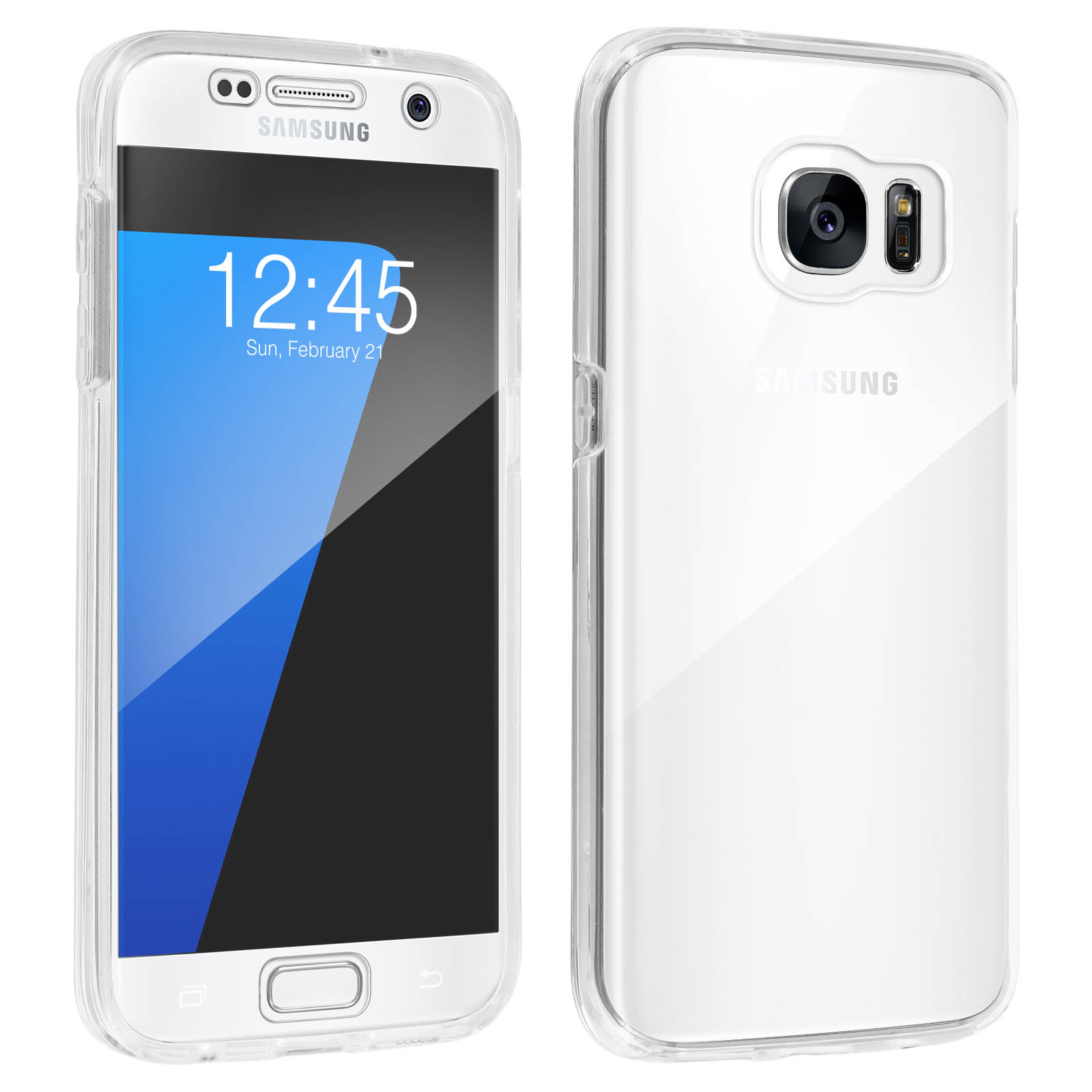 Weißes Telefon in einer transparenten Hülle, weißer Hintergrund.