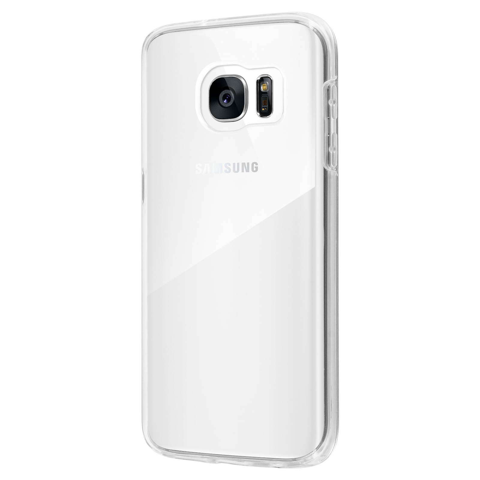 Transparente Handyhülle mit einem Samsung-Telefon darin. Weißer Hintergrund.