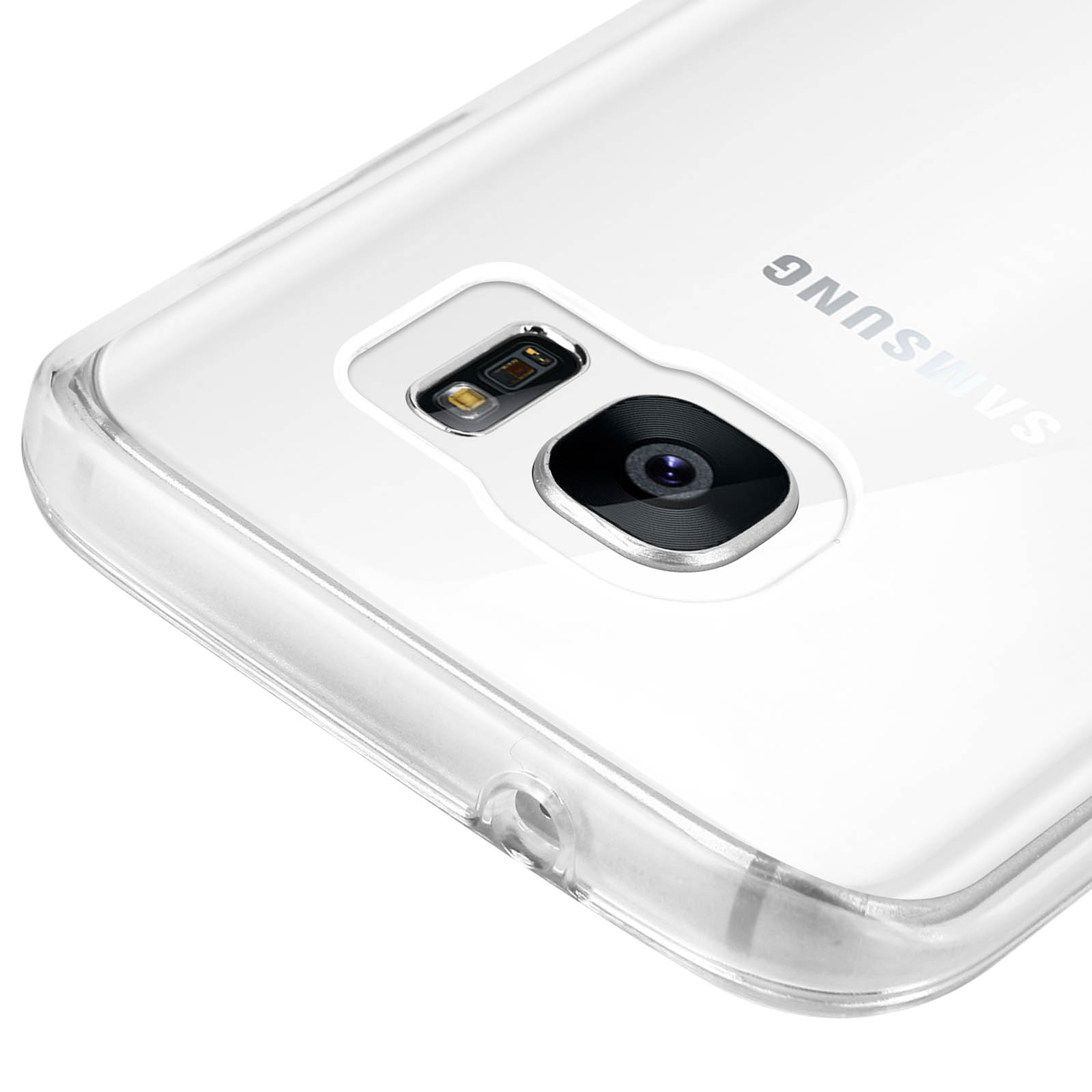 Transparente Handyhülle mit Kamera und Blitz. Samsung-Logo sichtbar. Winkelansicht, Nahaufnahme.