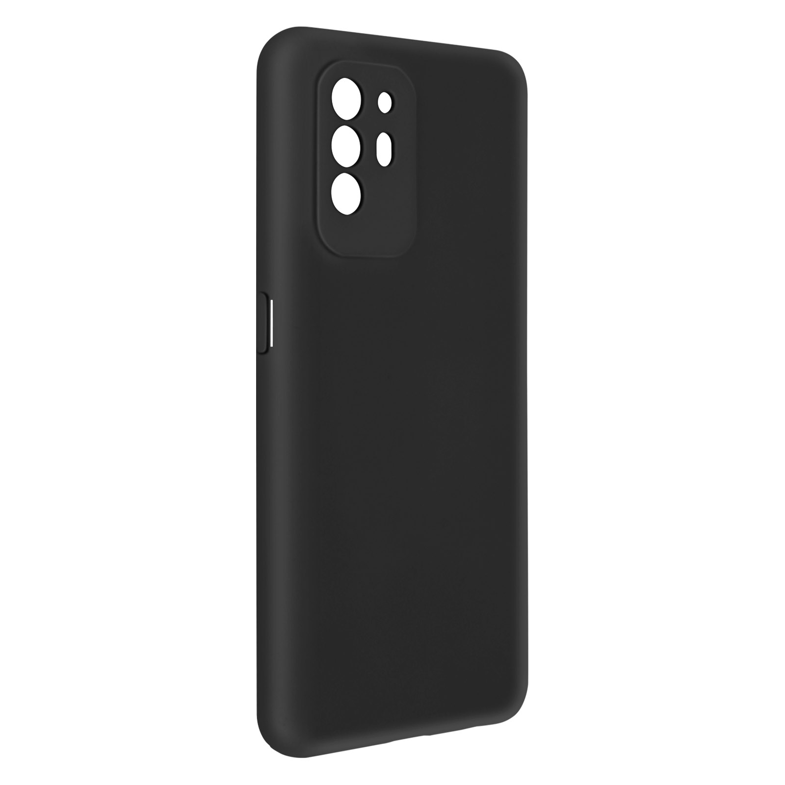 Custodia nera per telefono. Liscia, con ritagli per fotocamera e pulsanti. Isolata.
