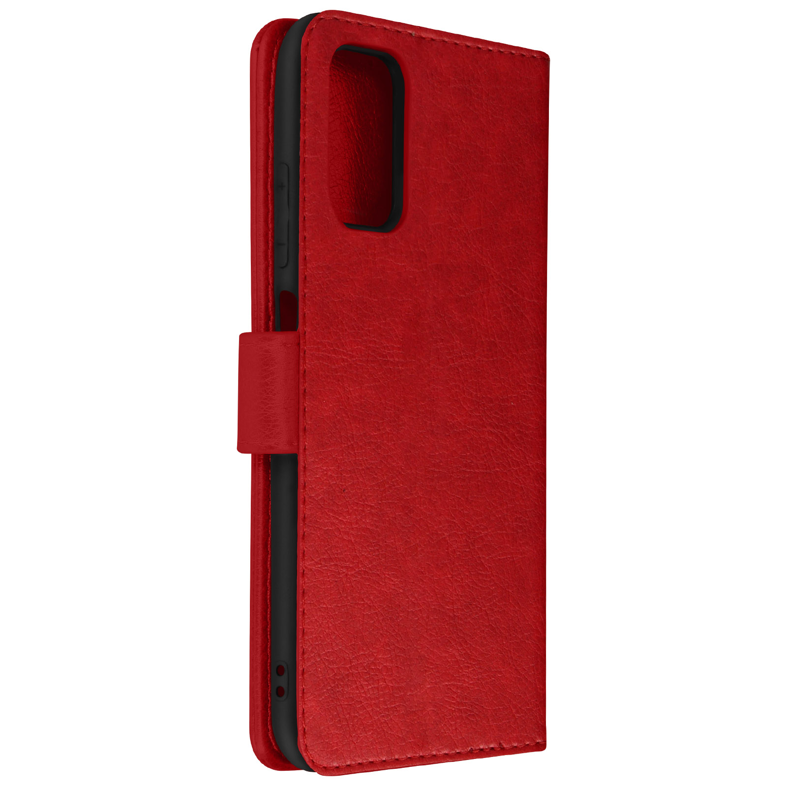 Custodia per telefono in pelle rossa, aperta per rivelare un telefono nero all'interno. La custodia ha una chiusura.
