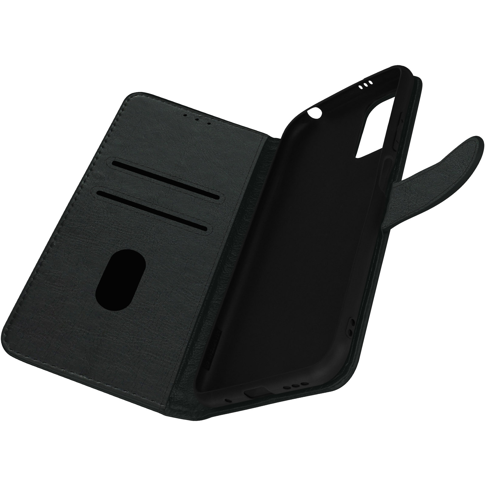 Custodia per telefono in pelle nera, aperta, su bianco. L'interno rivela un supporto per telefono e fessure per carte.