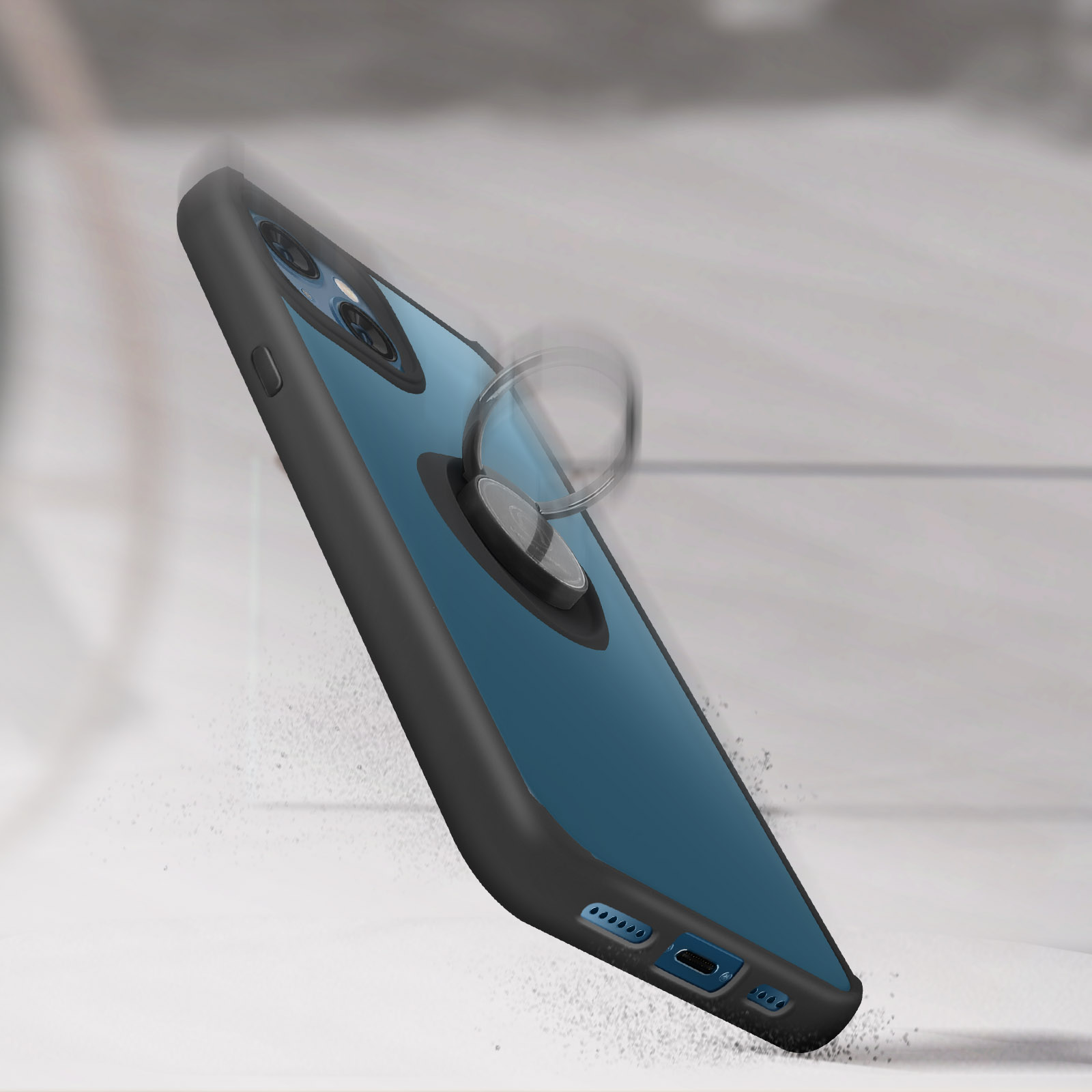 Téléphone dans un étui avec support d'anneau, en chute. Fond blanc. Le téléphone est bleu.